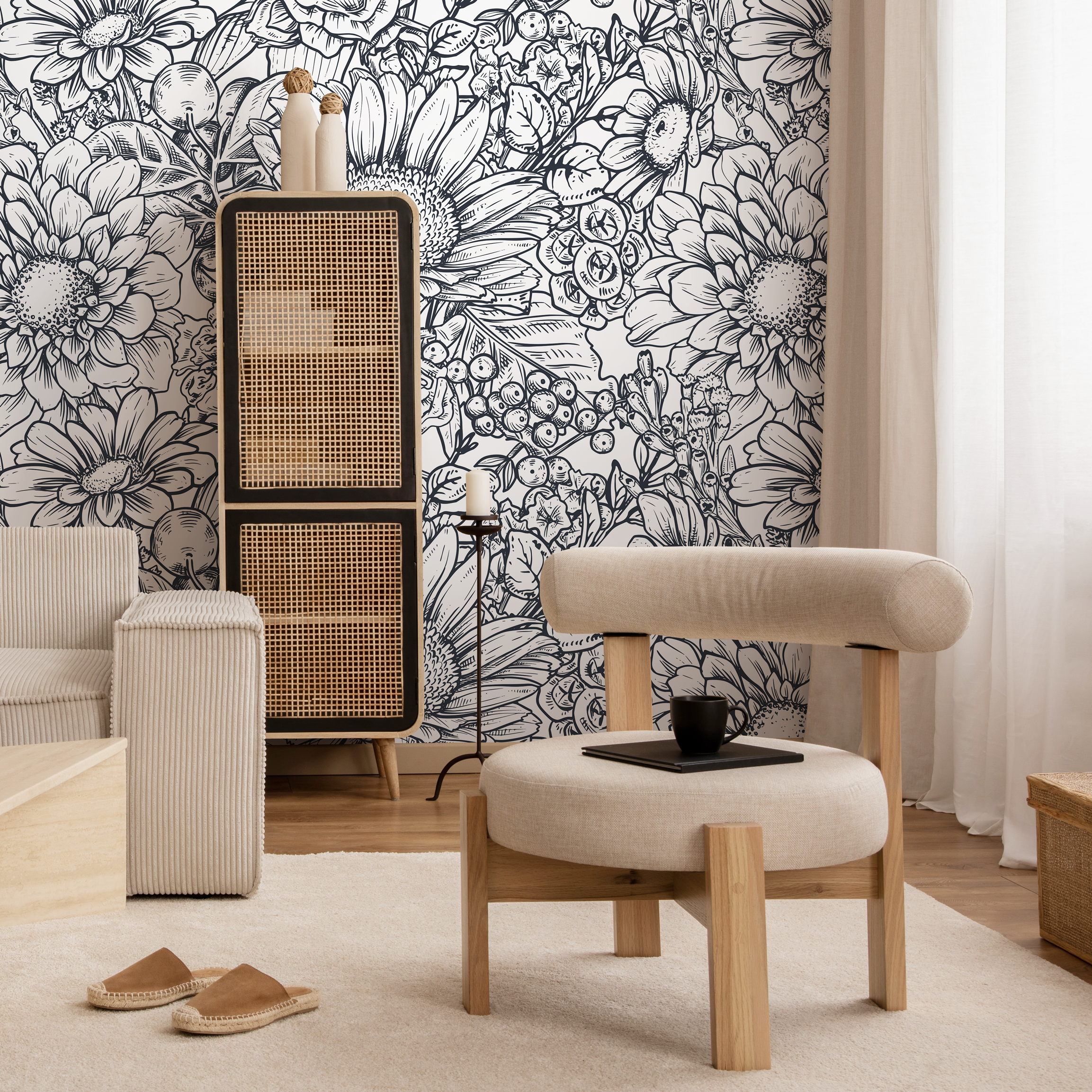Floral Wallpaper Featuring A Hand-drawn Botanical Illustration In Black And White - B461