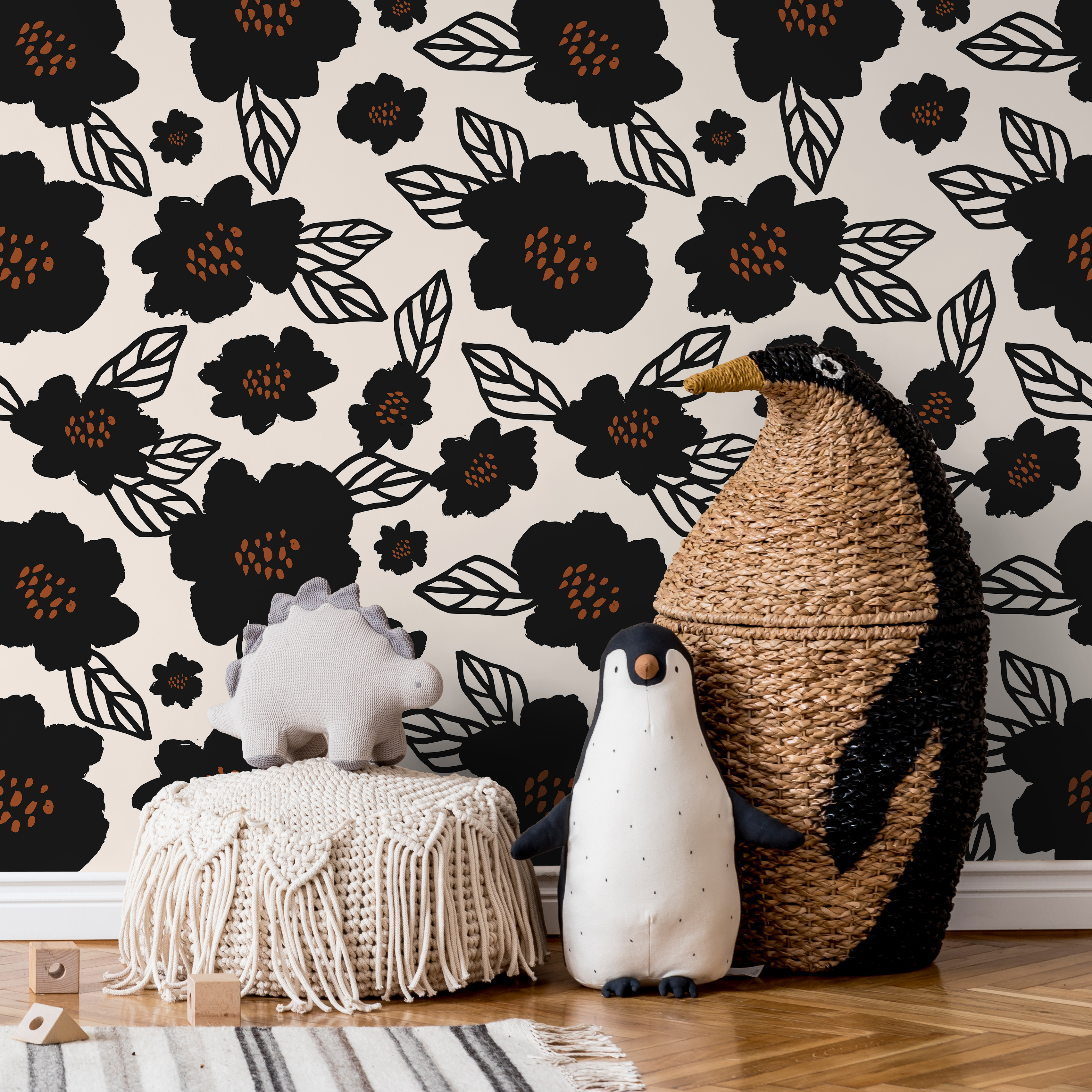 Floral Wallpaper With Bold Stylized Blossoms In Black And Brown - B462