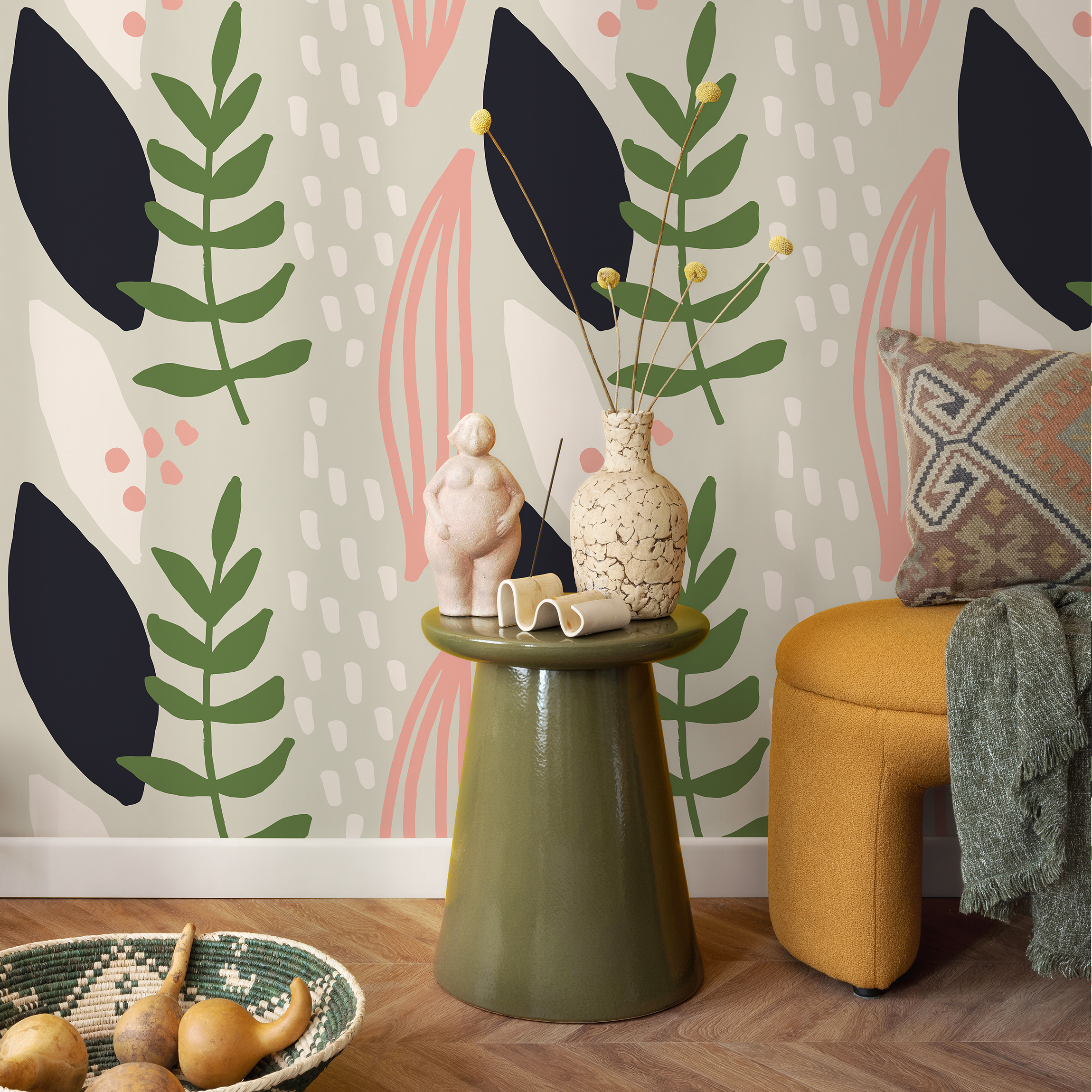 Abstract Wallpaper With Stylized Leaves In Green, Pink, And Black - B463
