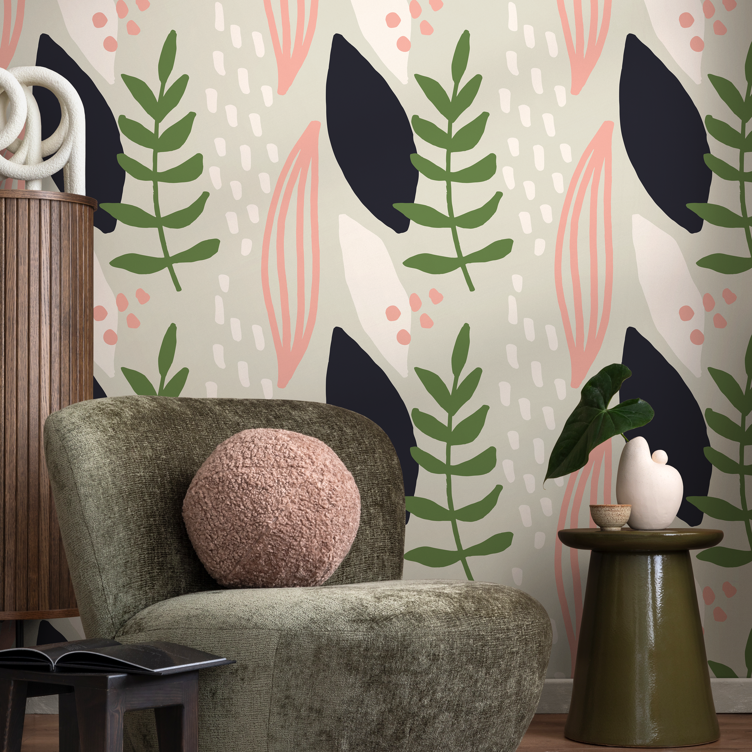 Abstract Wallpaper With Stylized Leaves In Green, Pink, And Black - B463