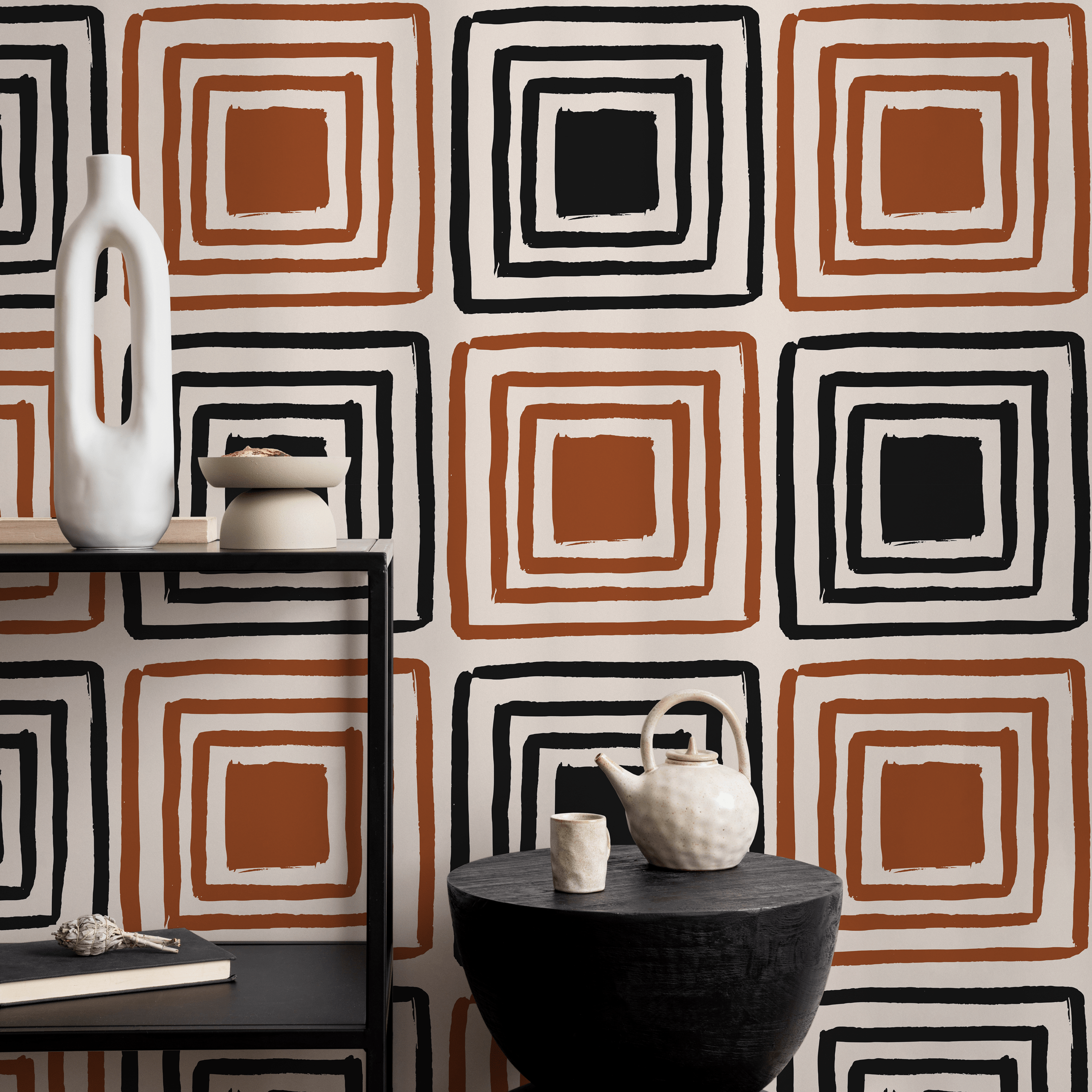 Geometric Wallpaper With Hand-drawn Squares In Black And Terracotta - B464