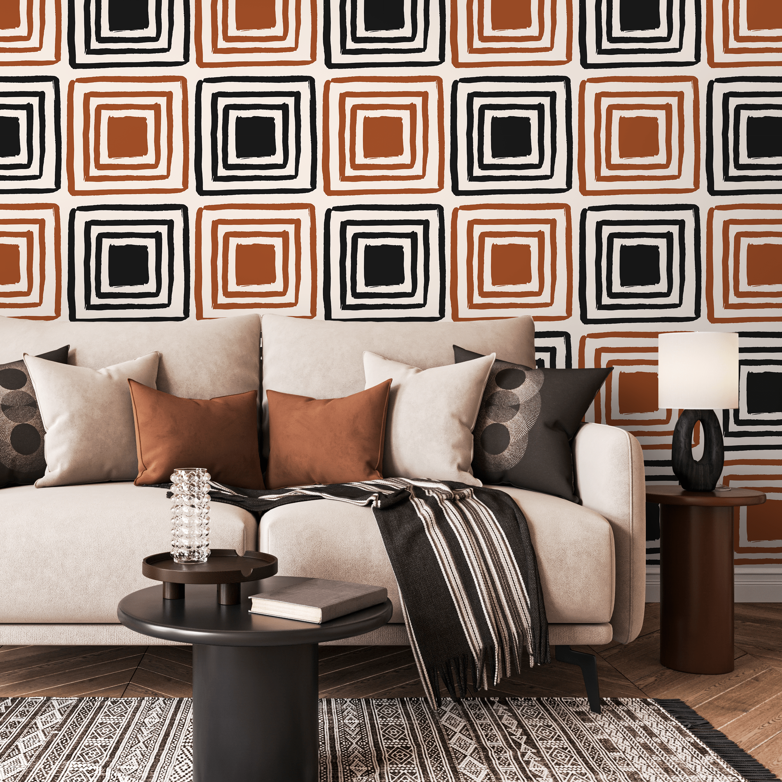 Geometric Wallpaper With Hand-drawn Squares In Black And Terracotta - B464