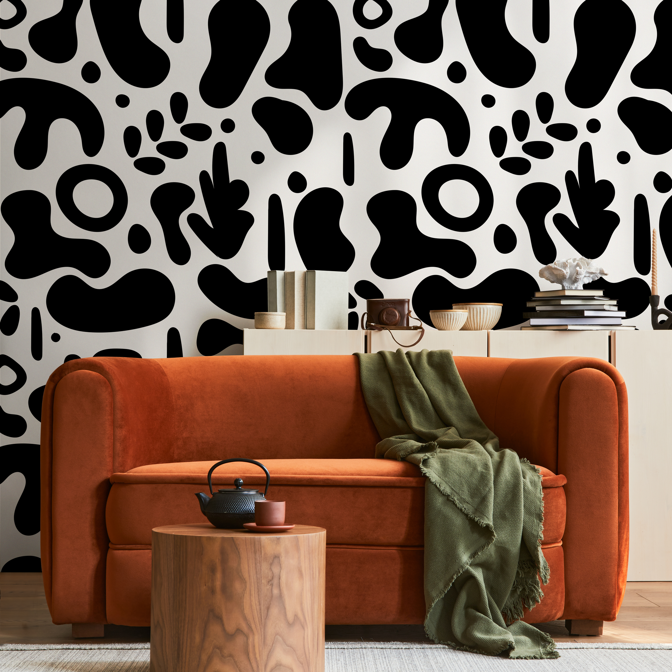 Abstract Wallpaper With Bold Organic Shapes In Black And White - B565