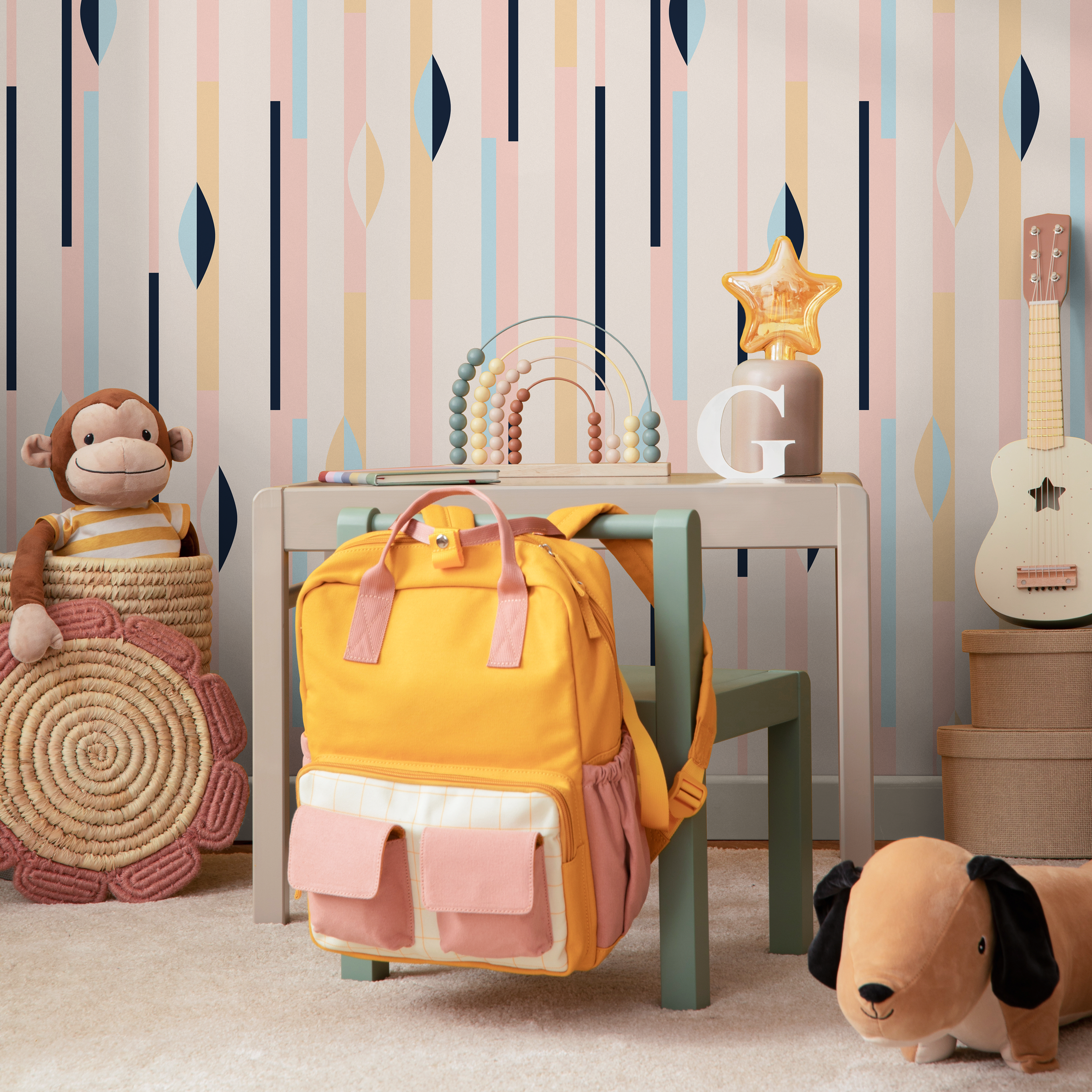 Geometric Wallpaper With Modern Stripes In Pink, Blue, And Navy - B466