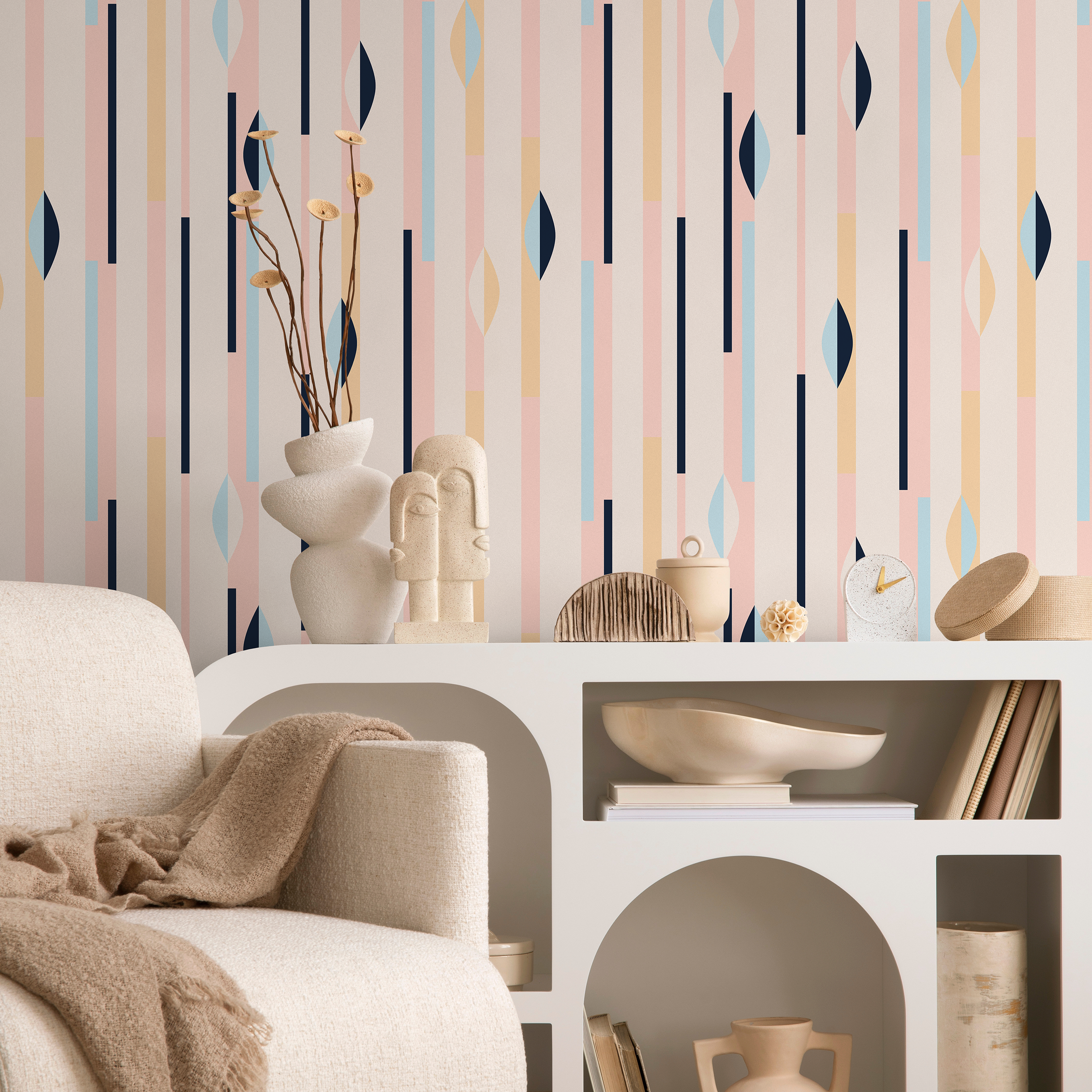 Geometric Wallpaper With Modern Stripes In Pink, Blue, And Navy - B466