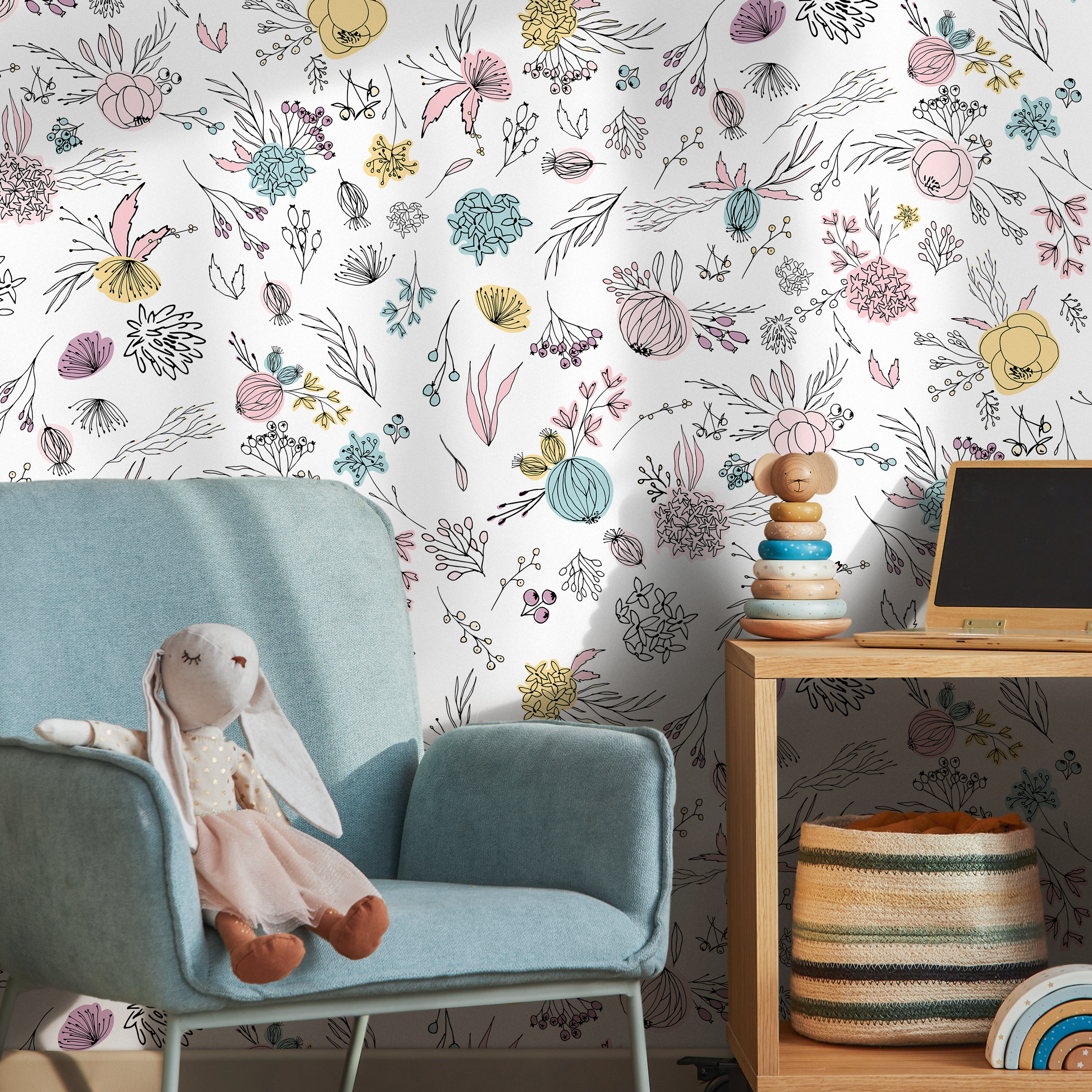 Floral Wallpaper With Hand-drawn Wildflowers In Pink, Blue, And Yellow - B467