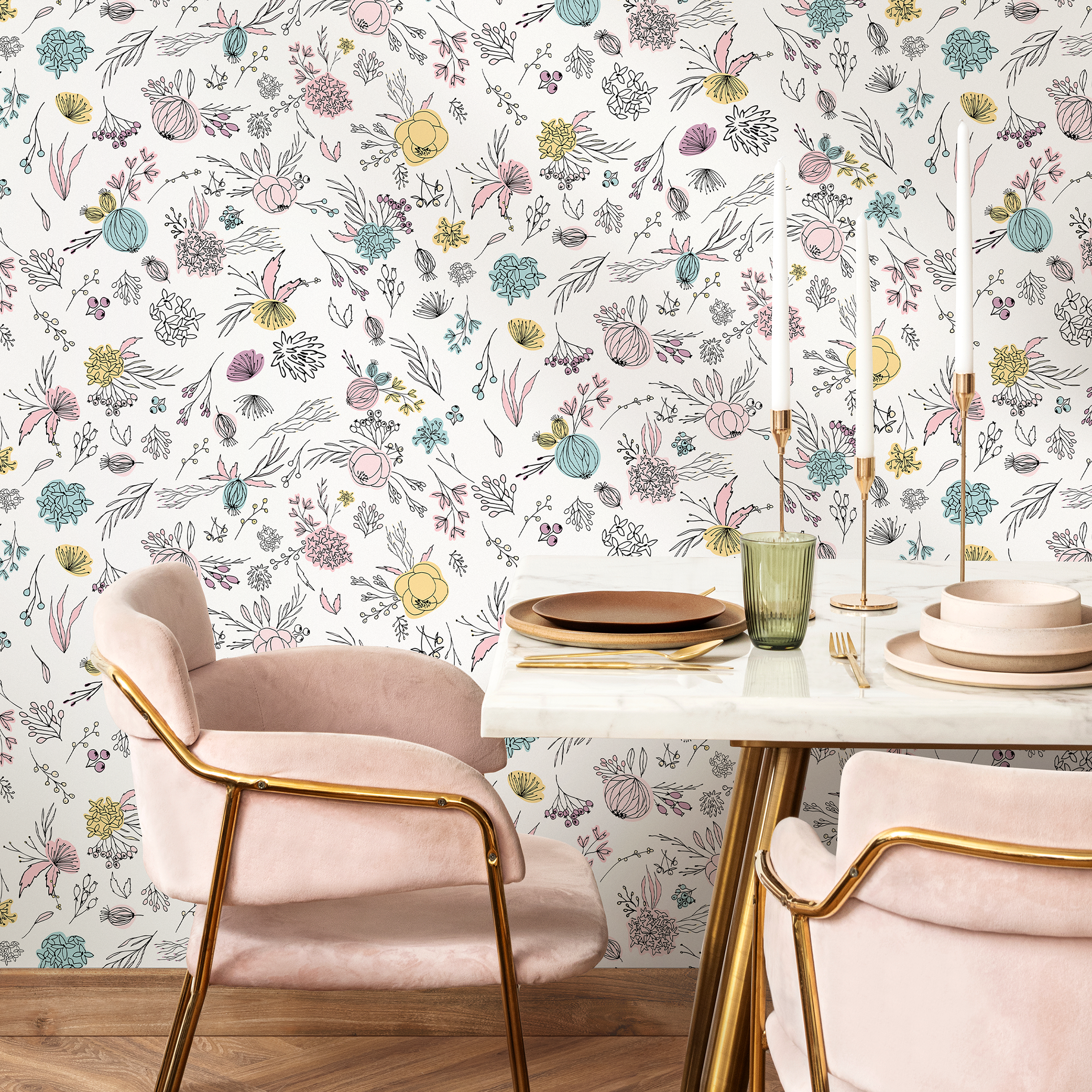 Floral Wallpaper With Hand-drawn Wildflowers In Pink, Blue, And Yellow - B467