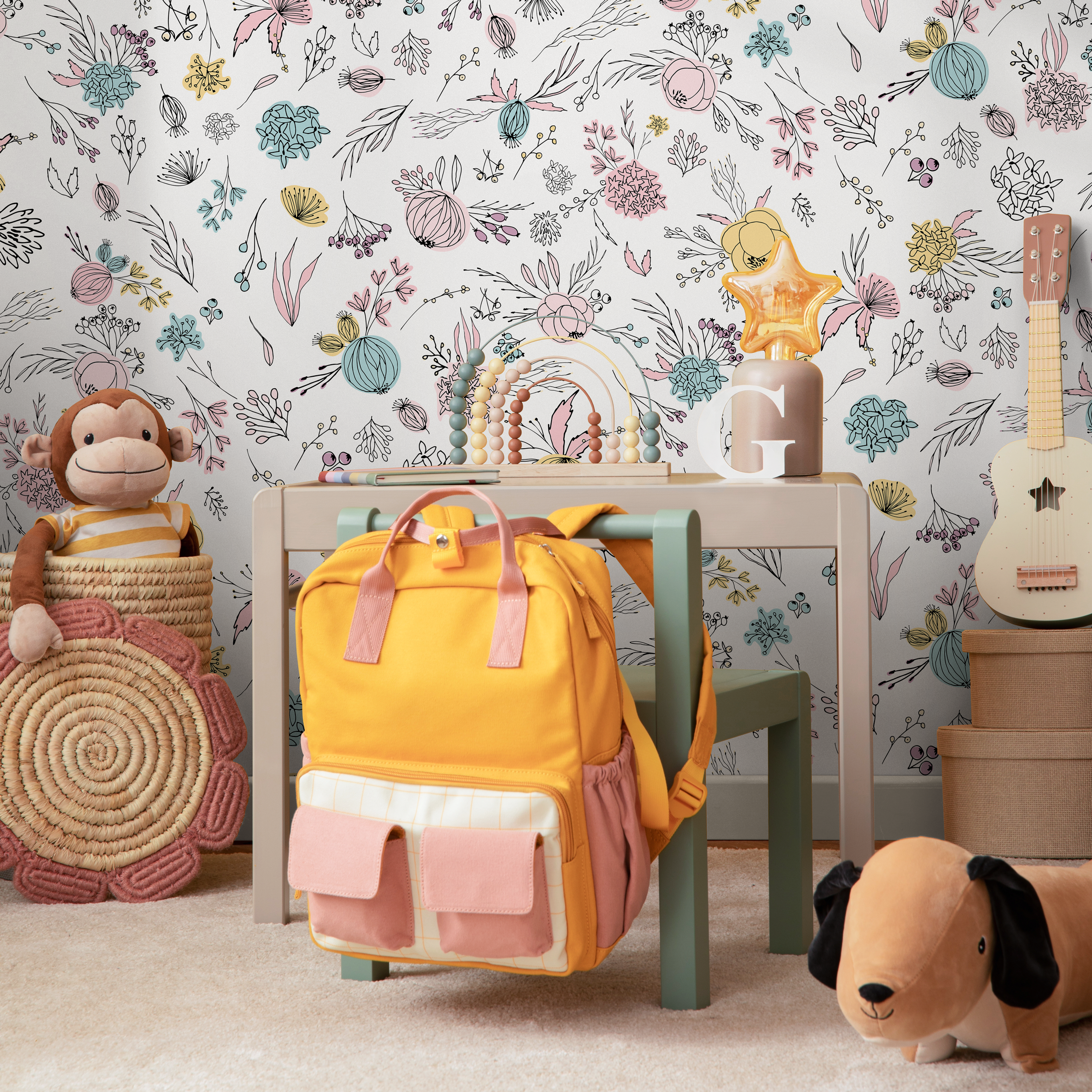 Floral Wallpaper With Hand-drawn Wildflowers In Pink, Blue, And Yellow - B467