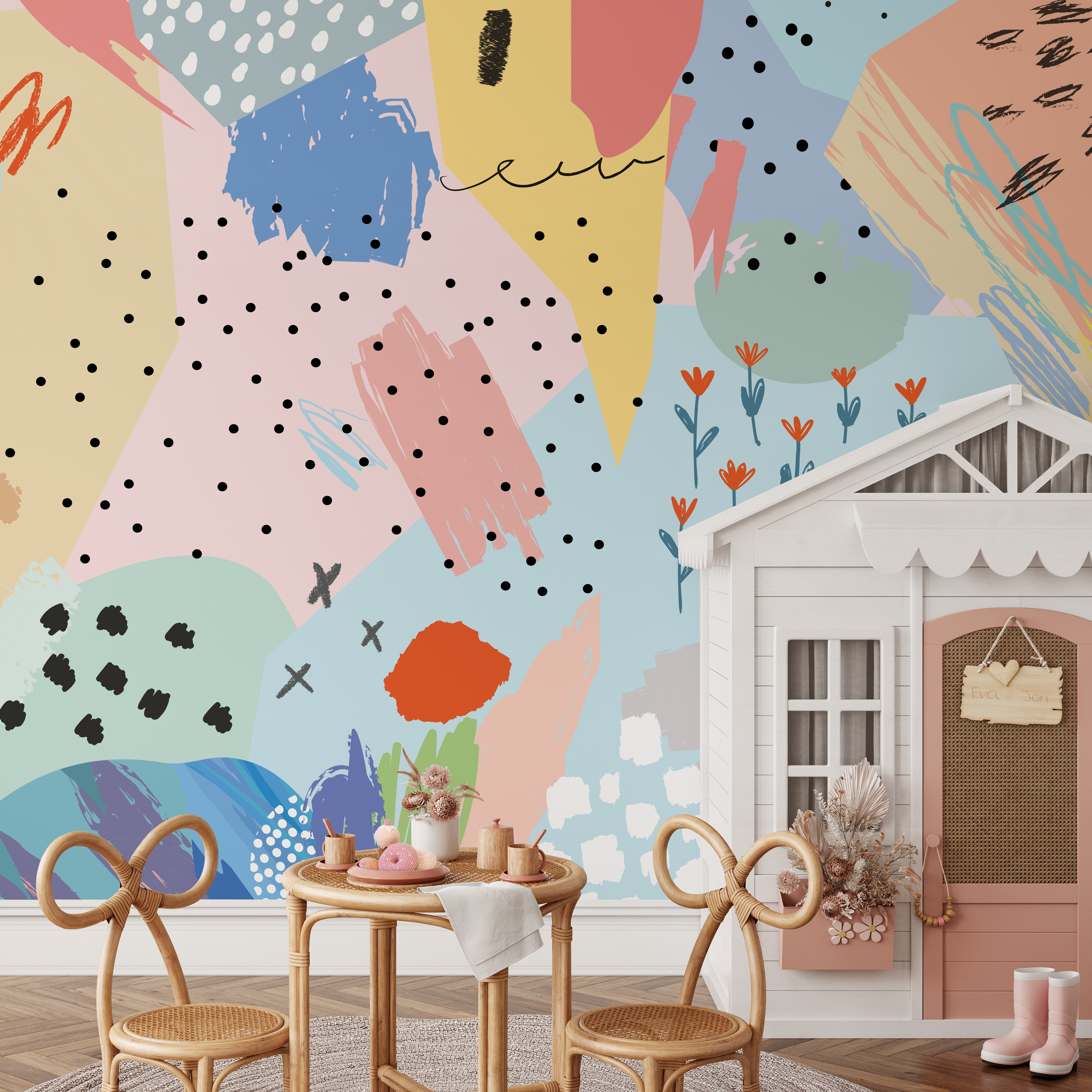Abstract Wallpaper With A Collage Of Playful Shapes In Pink, Blue, And Yellow - As1-b482