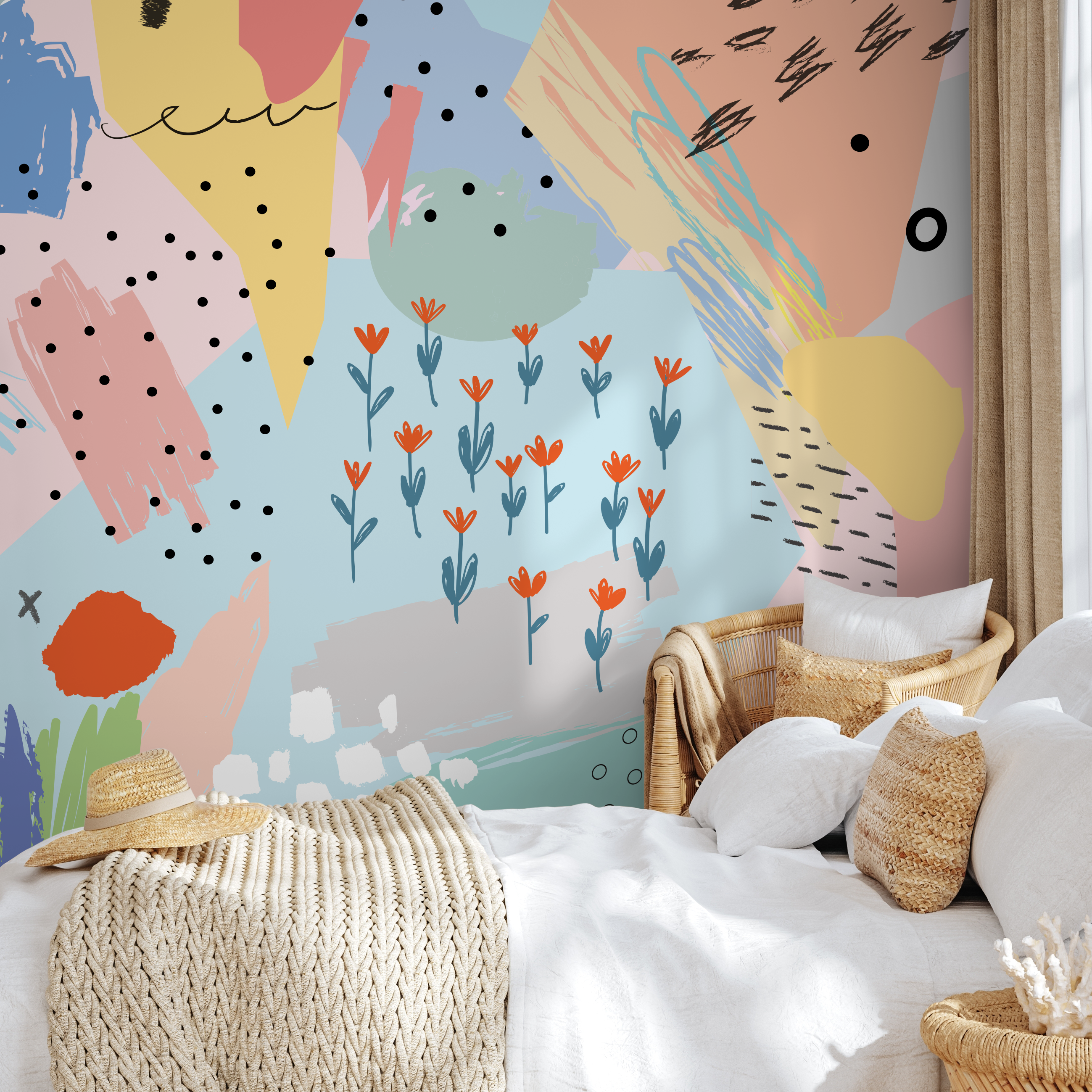 Abstract Wallpaper With A Collage Of Playful Shapes In Pink, Blue, And Yellow - As1-b482