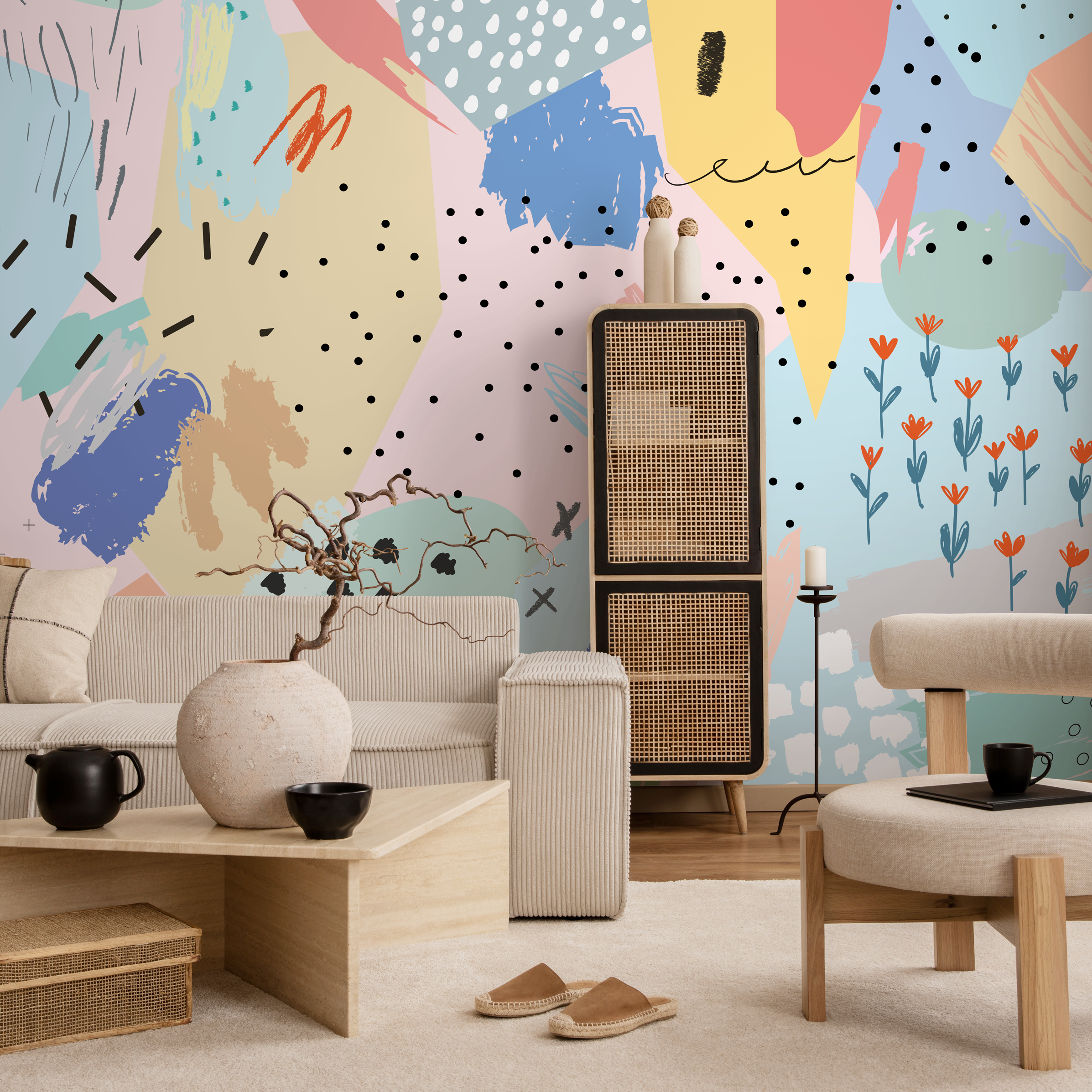 Abstract Wallpaper With A Collage Of Playful Shapes In Pink, Blue, And Yellow - As1-b482
