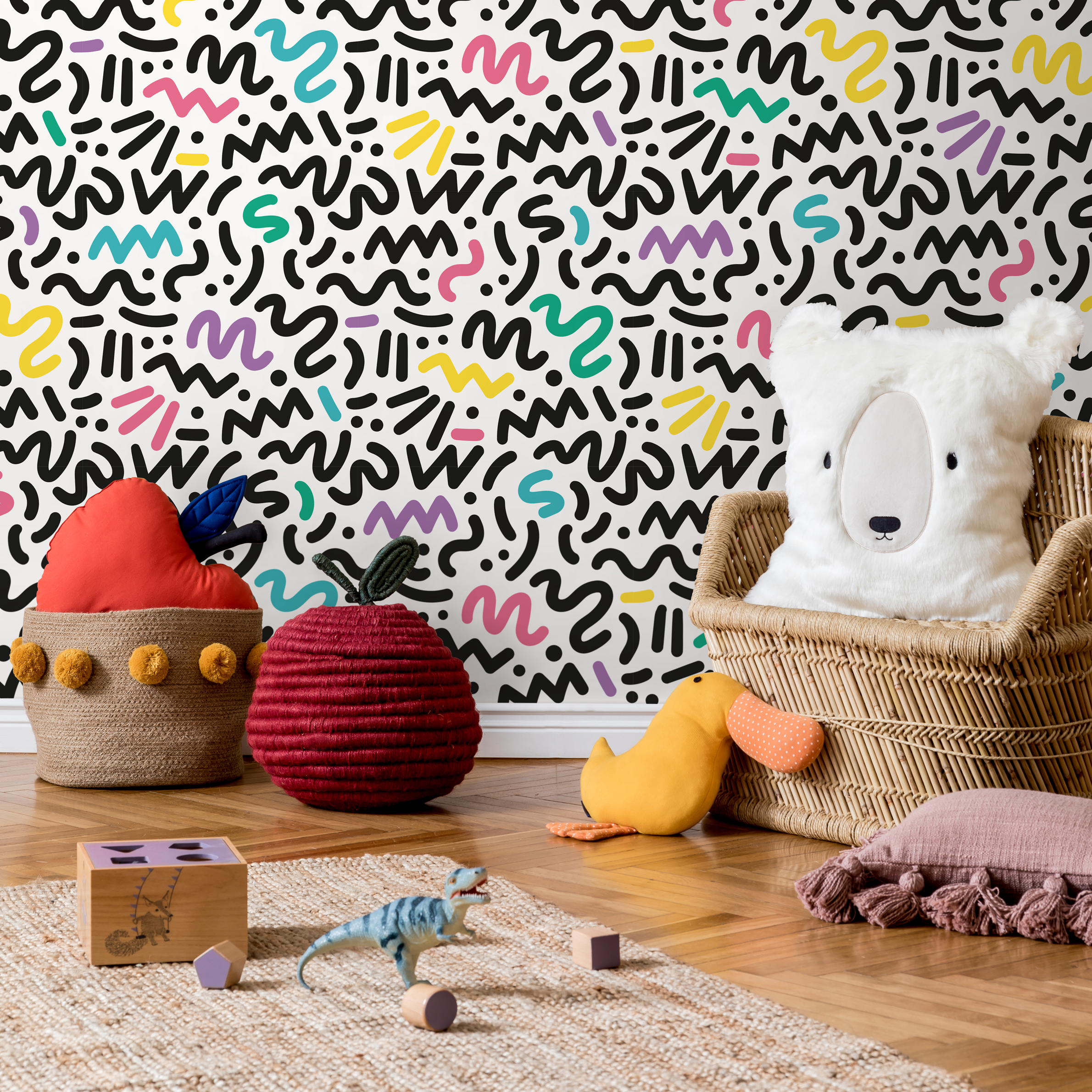 Memphis Style Wallpaper With Abstract Squiggles In Black, Yellow, And Teal - As1-b484