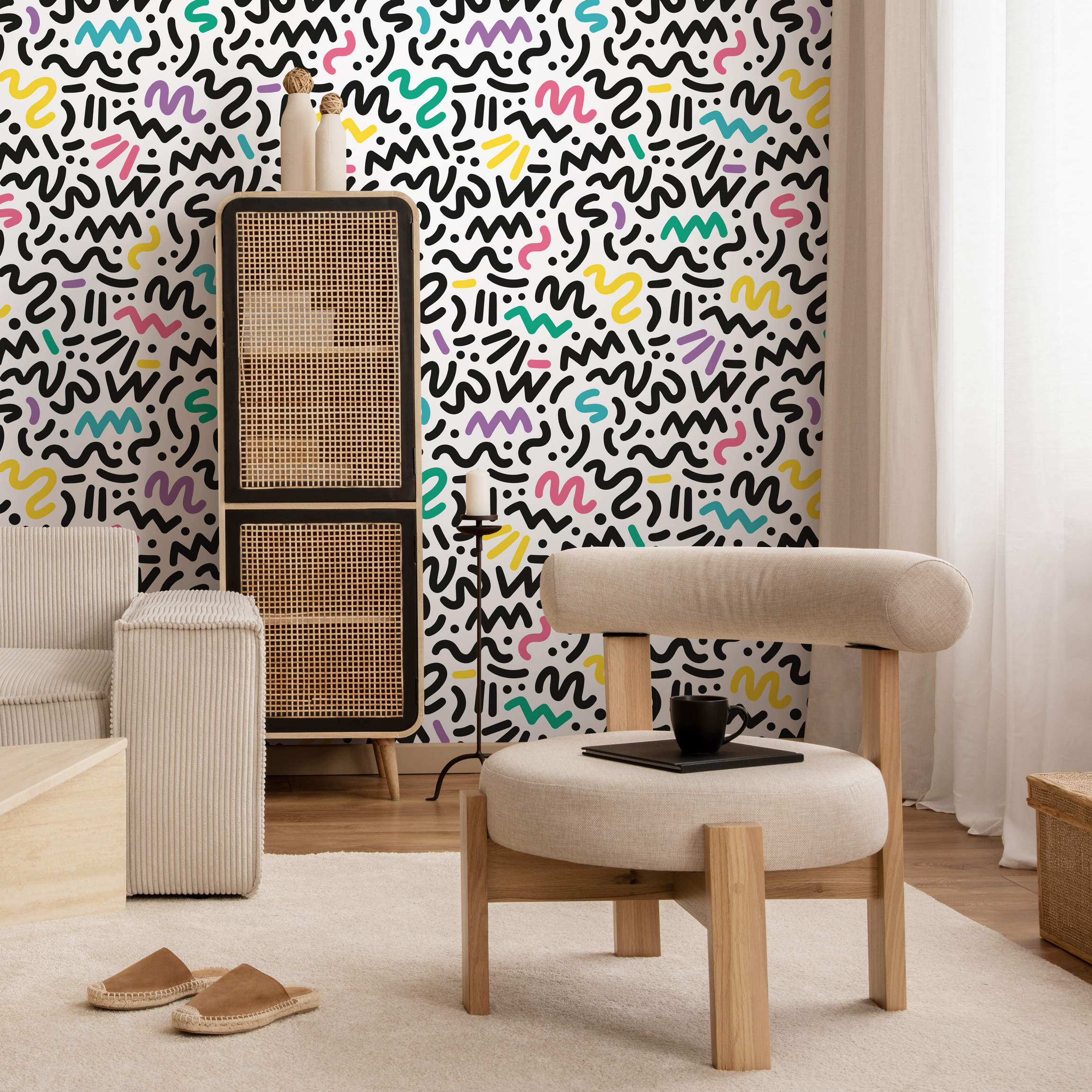 Memphis Style Wallpaper With Abstract Squiggles In Black, Yellow, And Teal - As1-b484