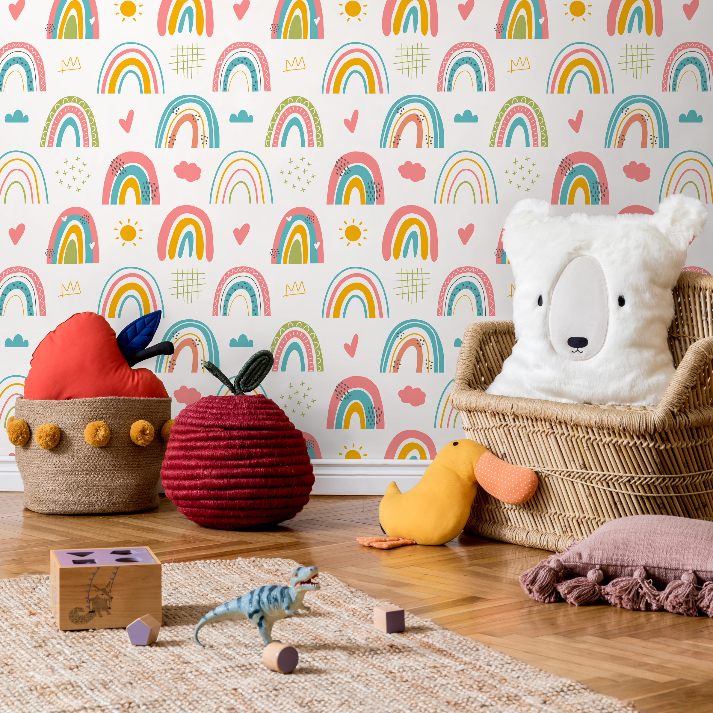 Scandinavian Wallpaper With Hand-drawn Rainbows In Pink, Yellow, And Teal - B487