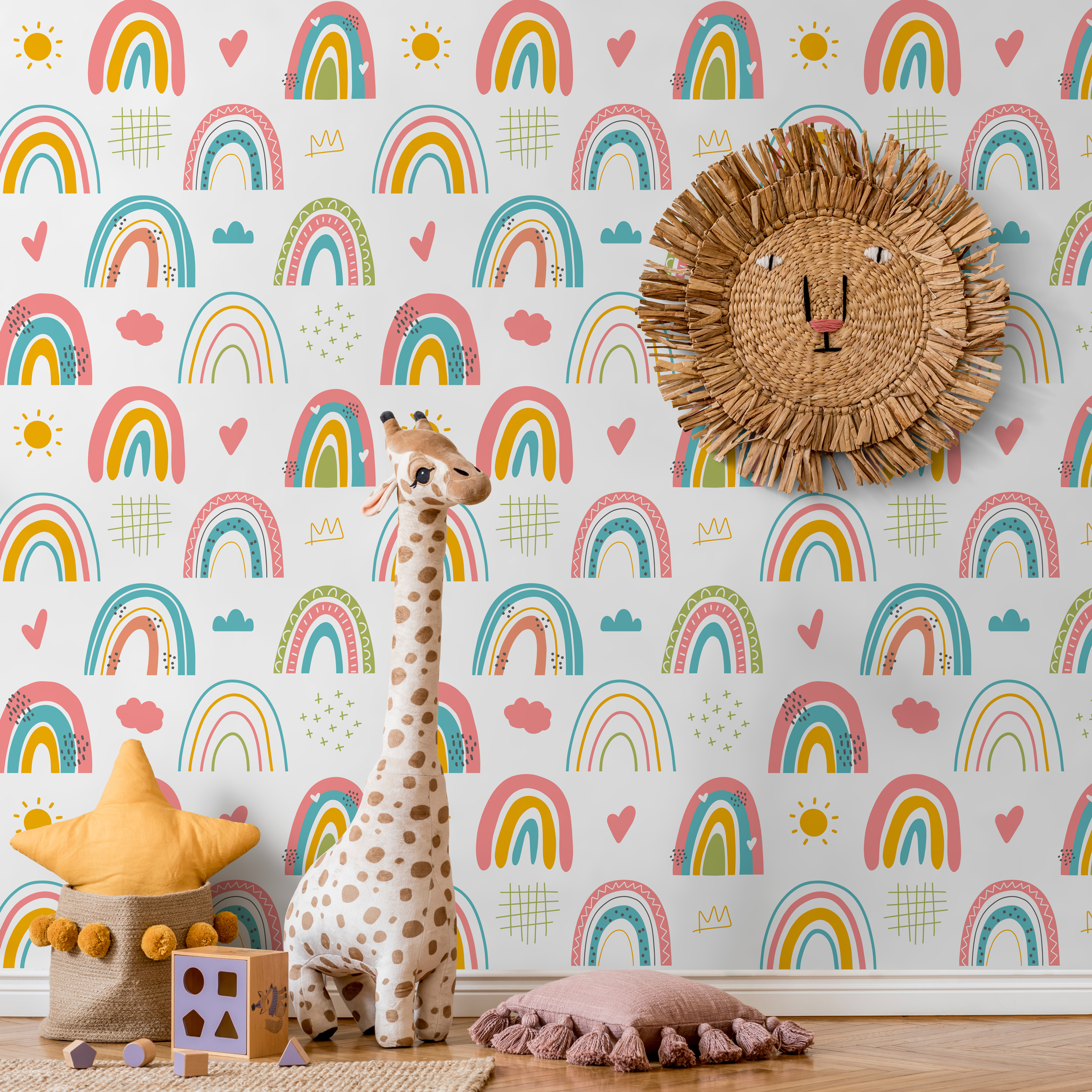 Scandinavian Wallpaper With Hand-drawn Rainbows In Pink, Yellow, And Teal - B487