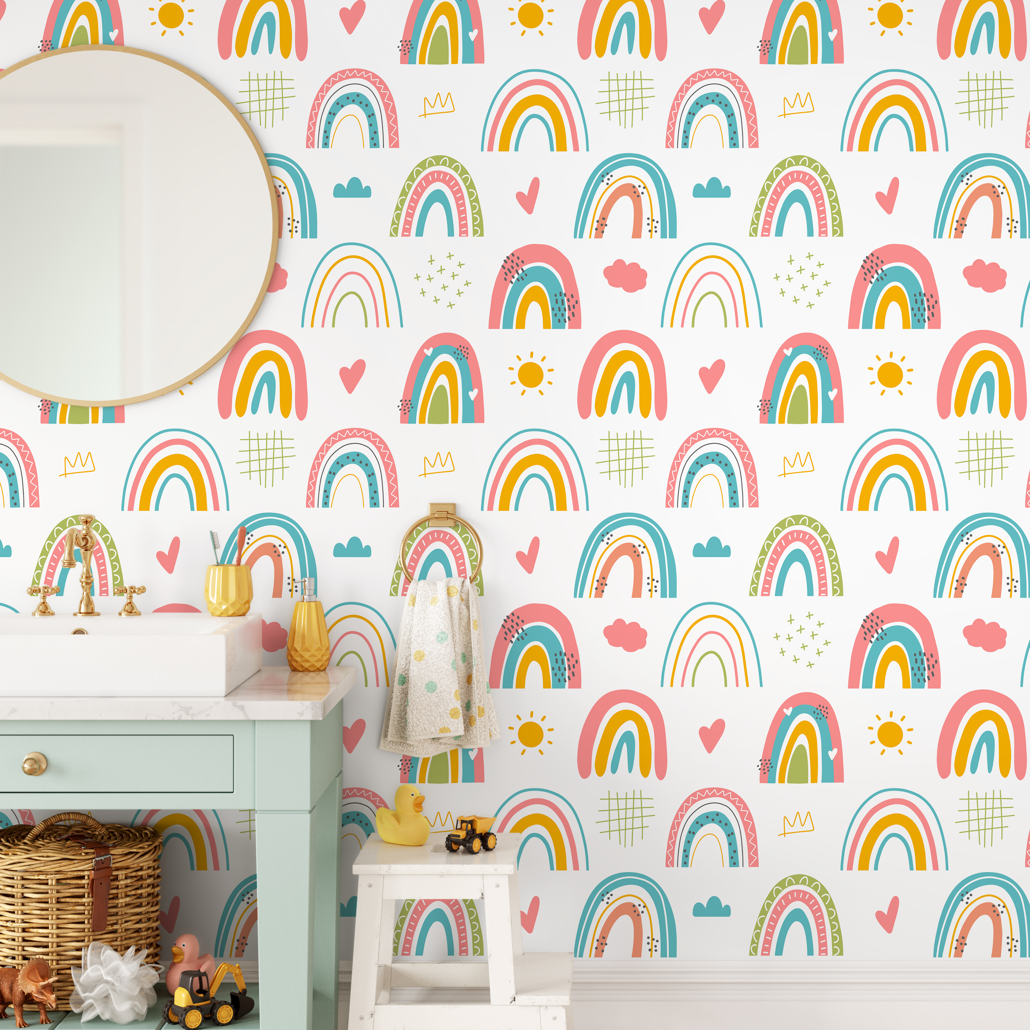 Scandinavian Wallpaper With Hand-drawn Rainbows In Pink, Yellow, And Teal - B487