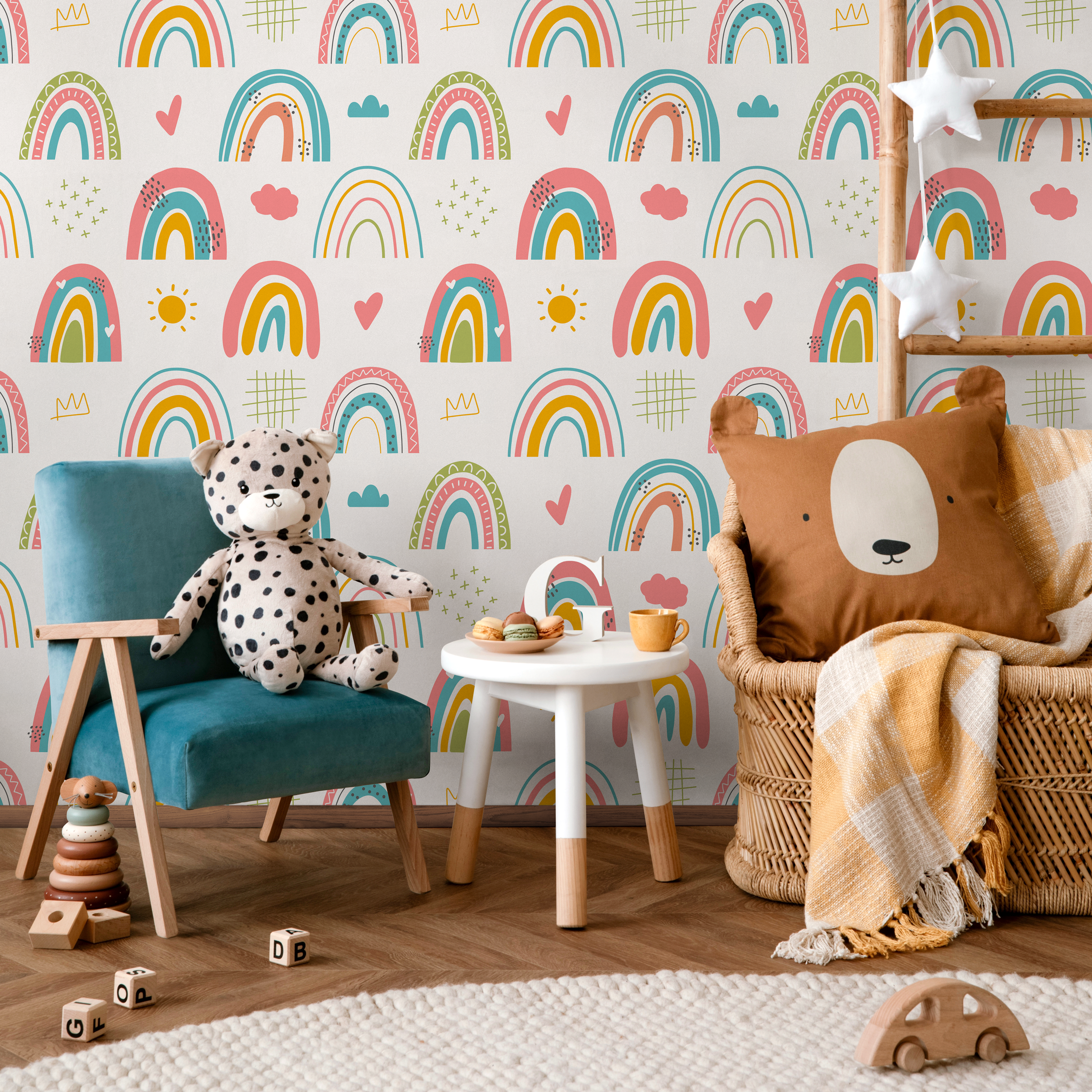 Scandinavian Wallpaper With Hand-drawn Rainbows In Pink, Yellow, And Teal - B487