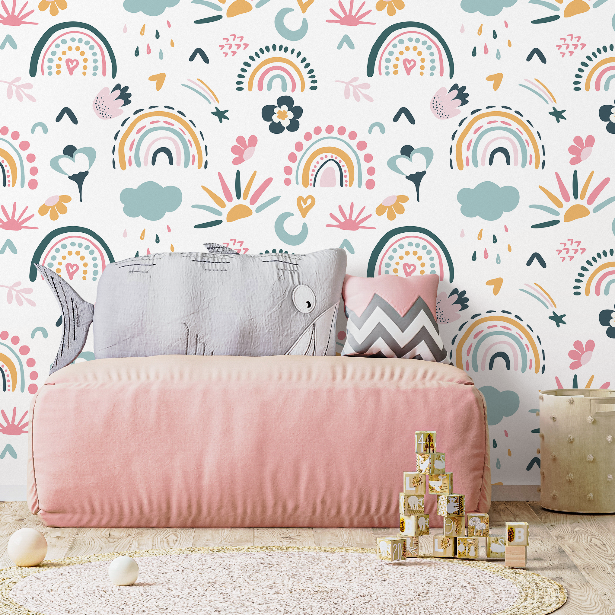Rainbow Wallpaper With Suns And Clouds In Pink, Teal, And Yellow - B488