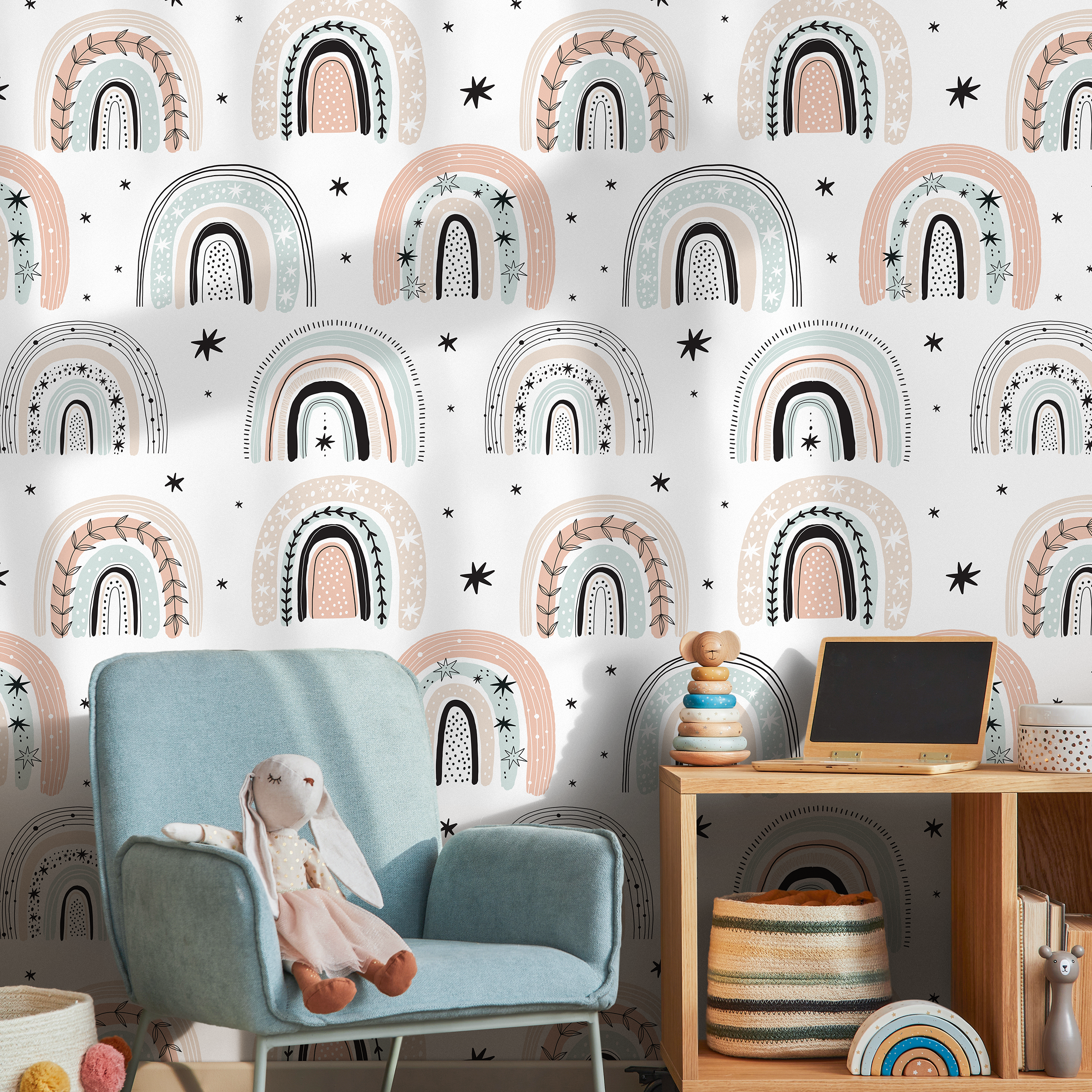 Scandinavian Wallpaper With Boho Rainbows In Pink, Green, And Beige - B491
