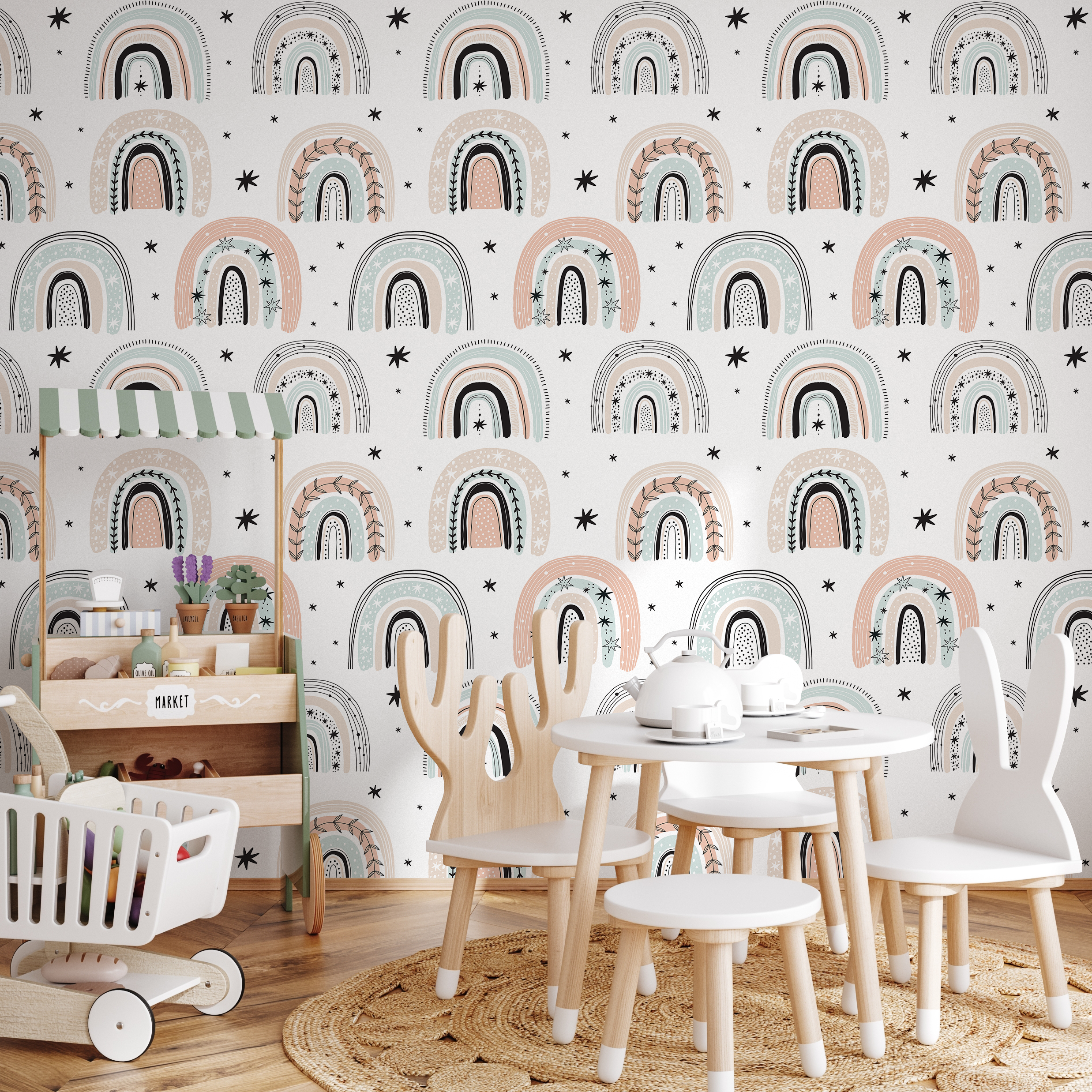 Scandinavian Wallpaper With Boho Rainbows In Pink, Green, And Beige - B491