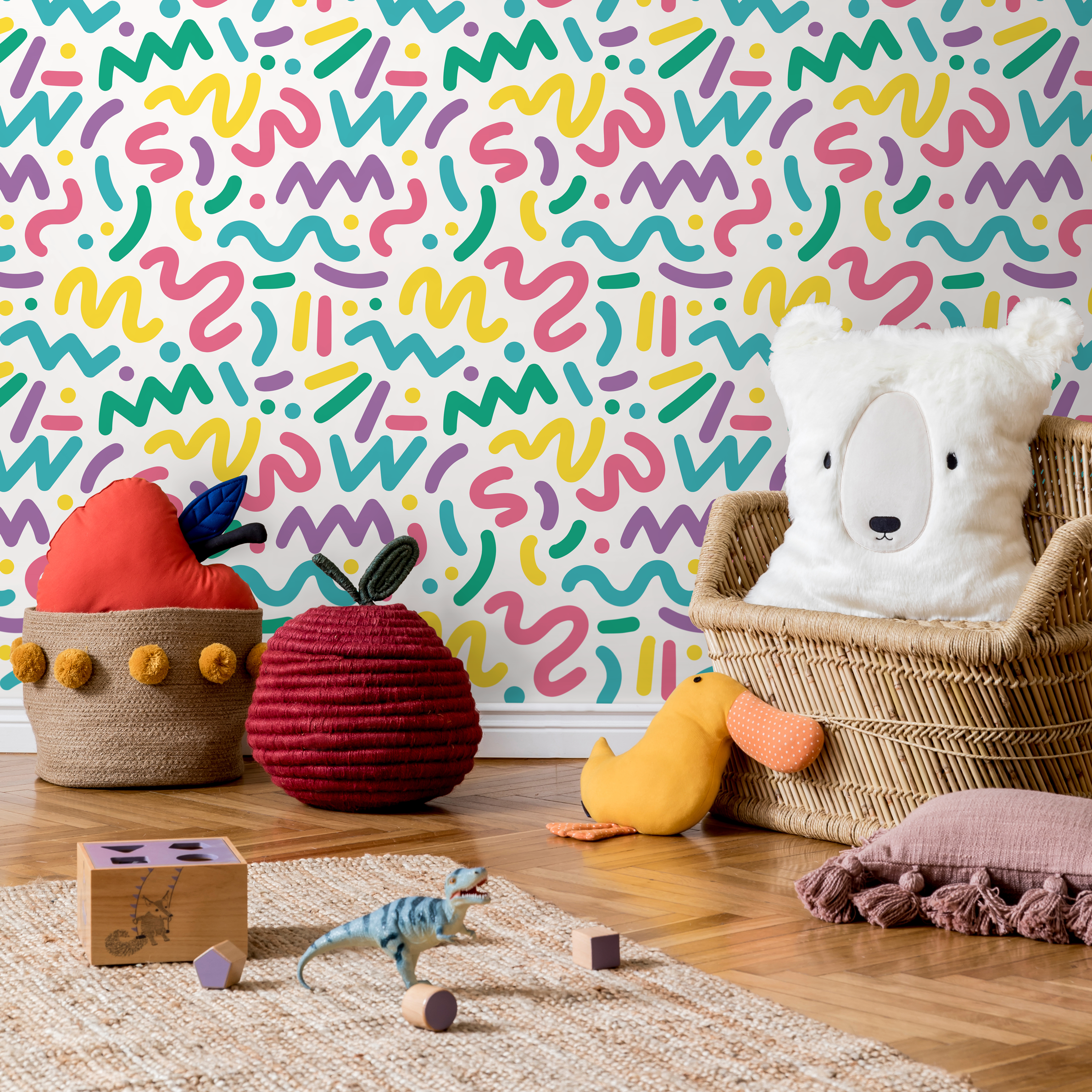 Abstract Wallpaper With Colorful Squiggles In Yellow, Pink, And Teal - As1-b492