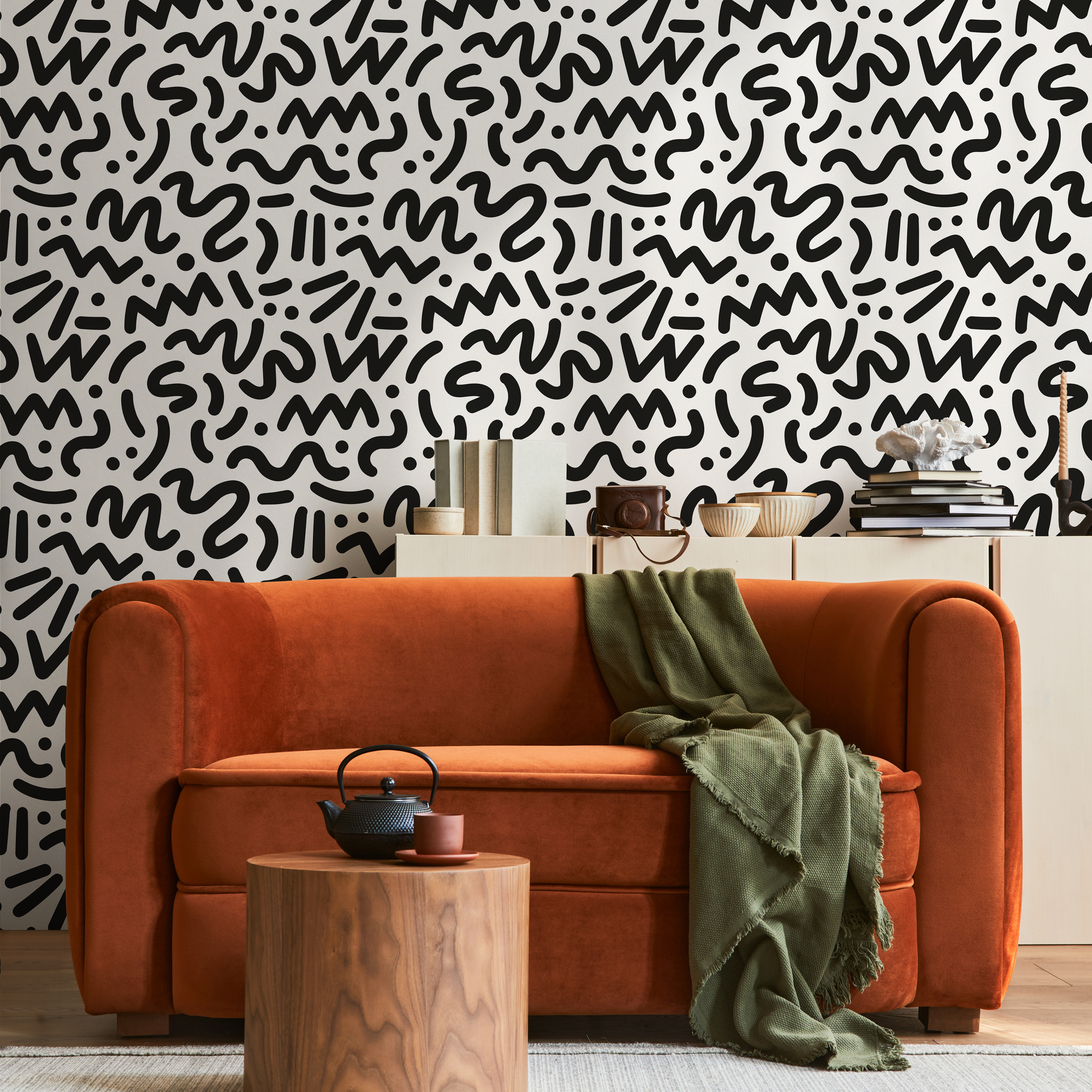 Abstract Wallpaper With A Bold Doodle Pattern In Black And White - B493