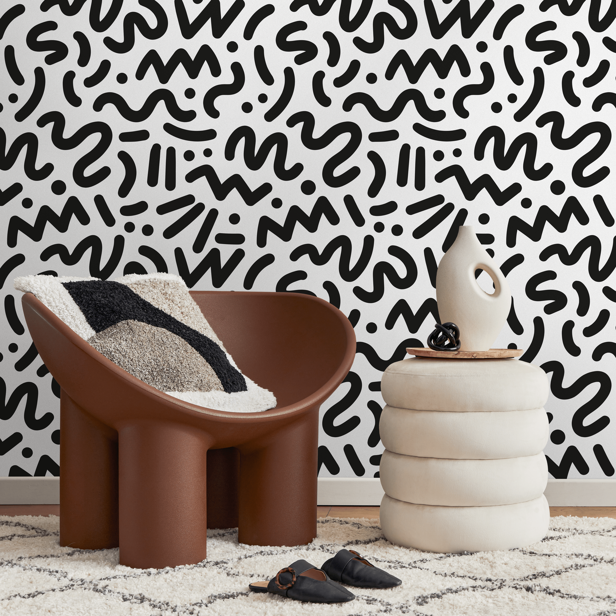 Abstract Wallpaper With A Bold Doodle Pattern In Black And White - B493