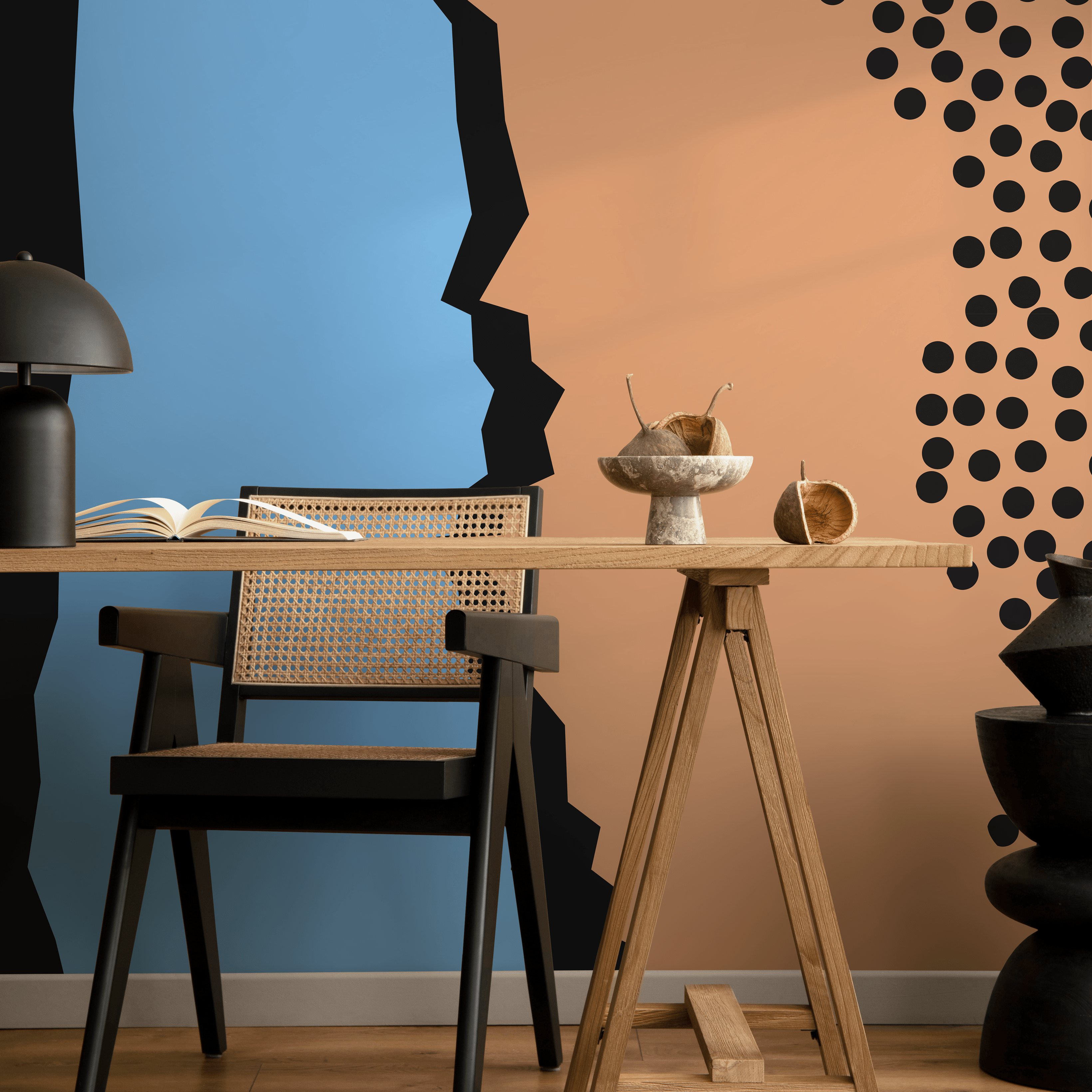 Abstract Wallpaper With Polka Dots And Jagged Shapes In Black, Blue, And Tan - B497