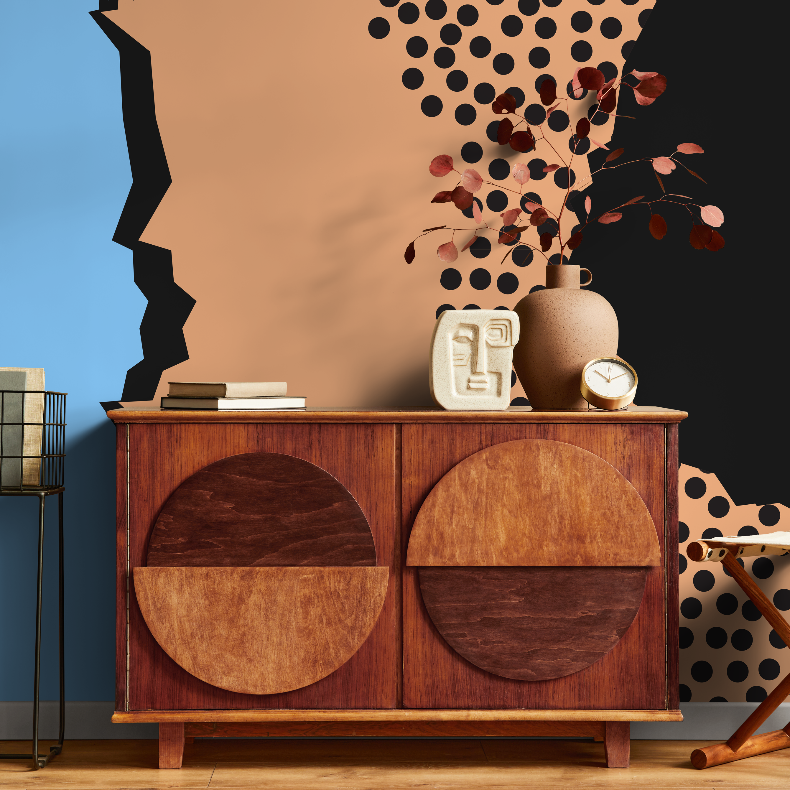 Abstract Wallpaper With Polka Dots And Jagged Shapes In Black, Blue, And Tan - B497