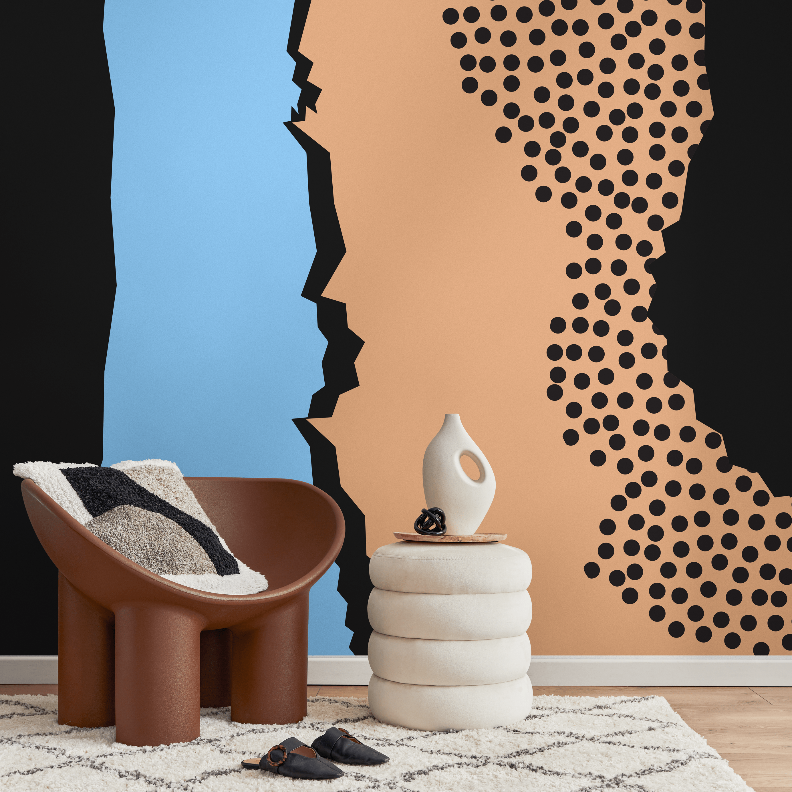 Abstract Wallpaper With Polka Dots And Jagged Shapes In Black, Blue, And Tan - B497