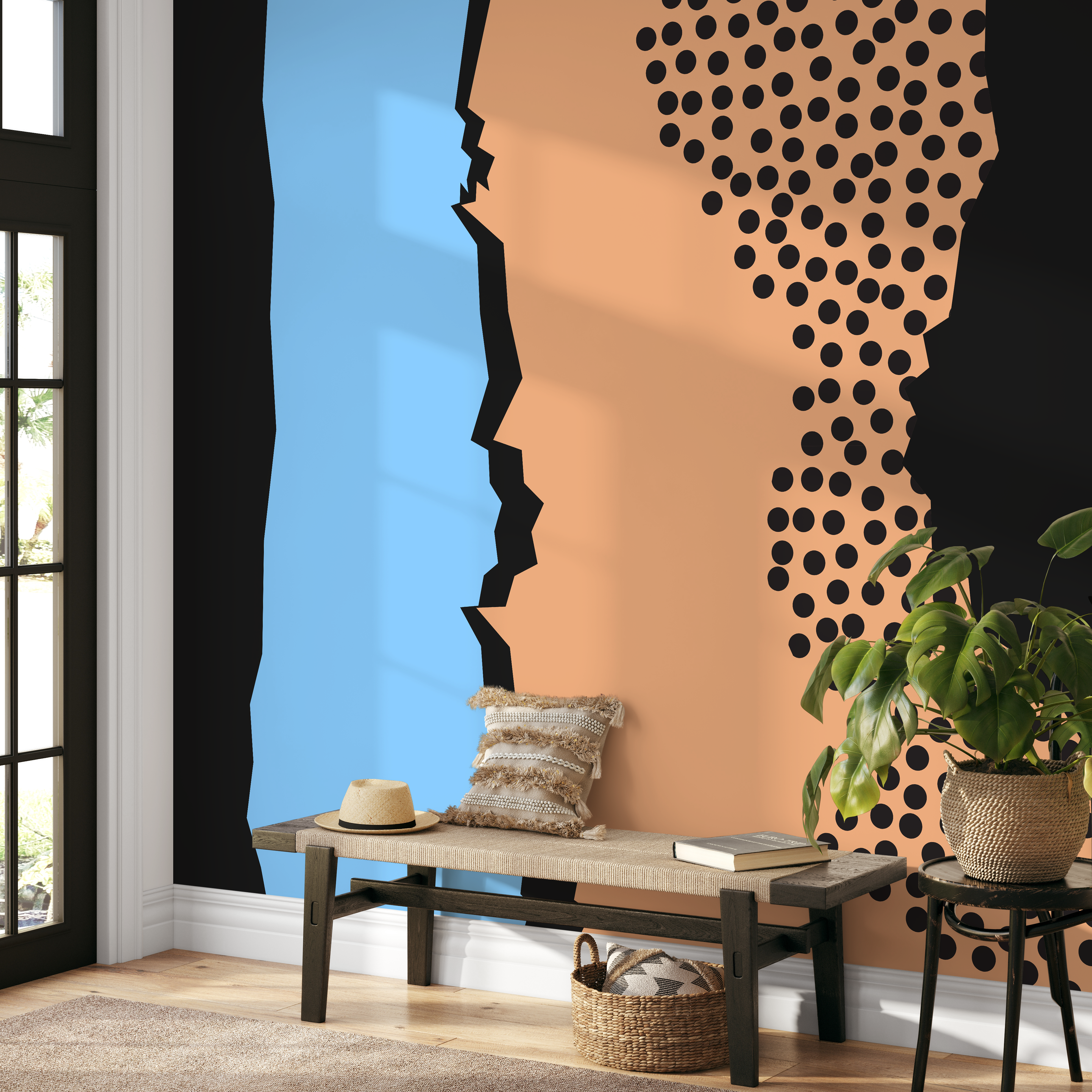 Abstract Wallpaper With Polka Dots And Jagged Shapes In Black, Blue, And Tan - B497