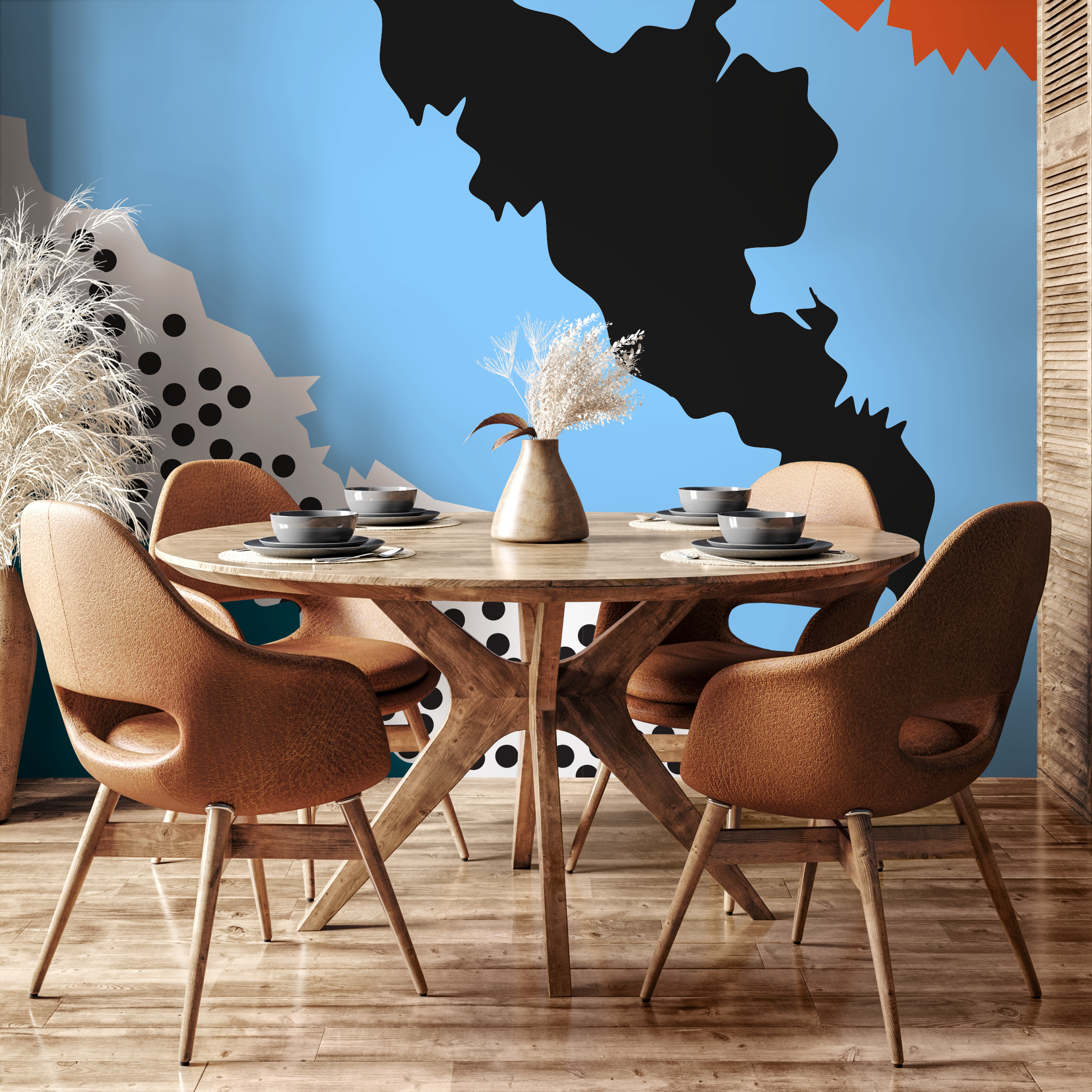 Abstract Wallpaper With Bold Cut-out Shapes In Blue, Black, And Orange - B498