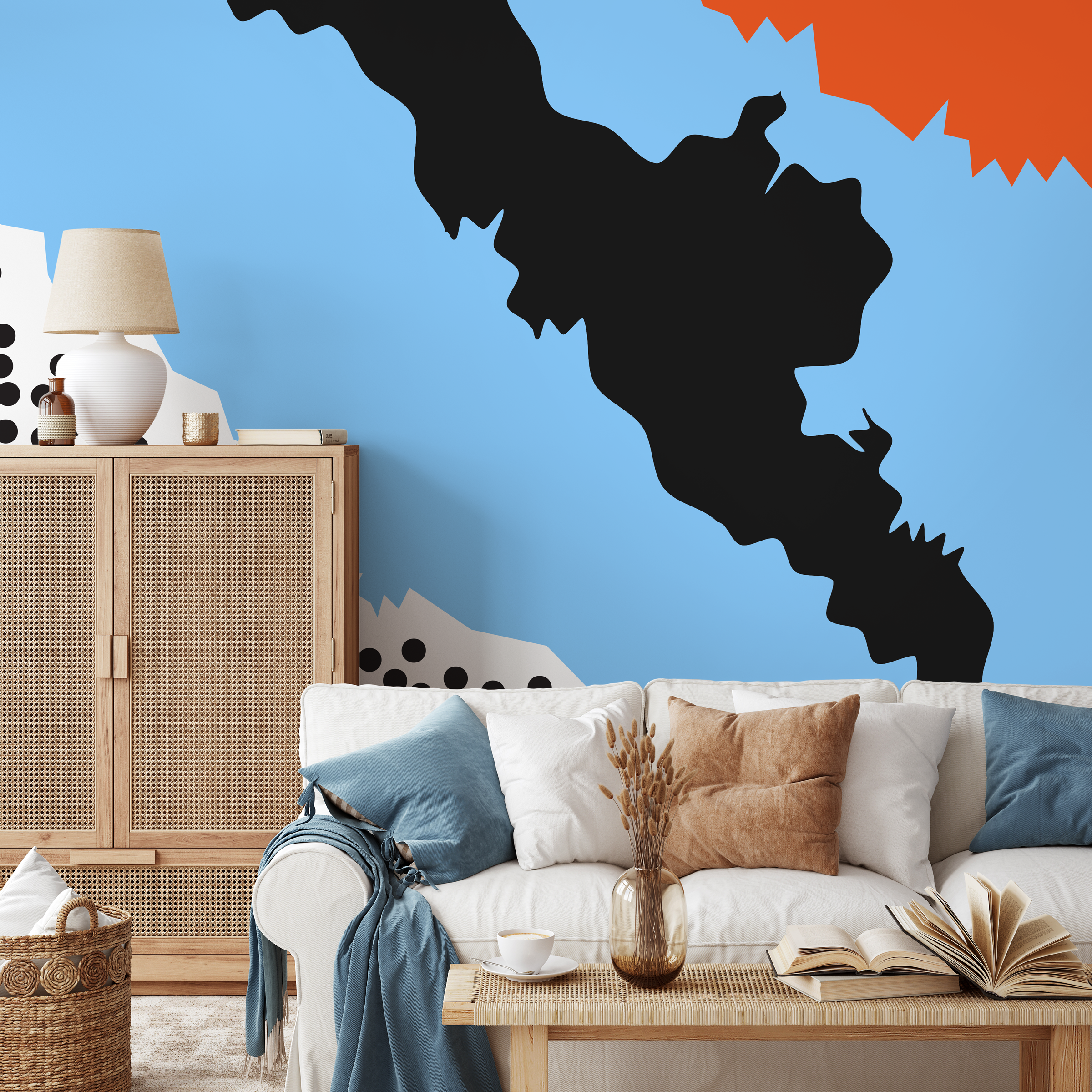 Abstract Wallpaper With Bold Cut-out Shapes In Blue, Black, And Orange - B498