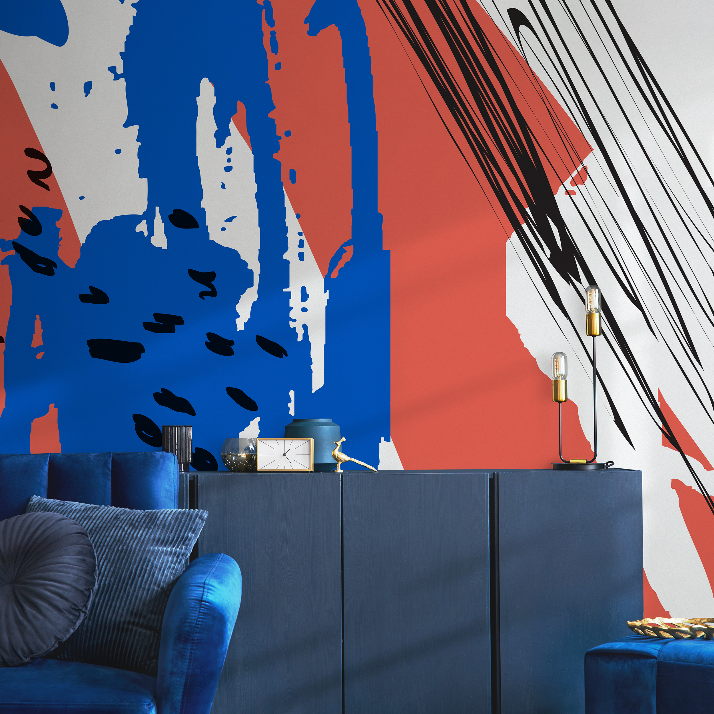 Abstract Wallpaper With Bold Brushstrokes In Red, Blue, And Black - B499