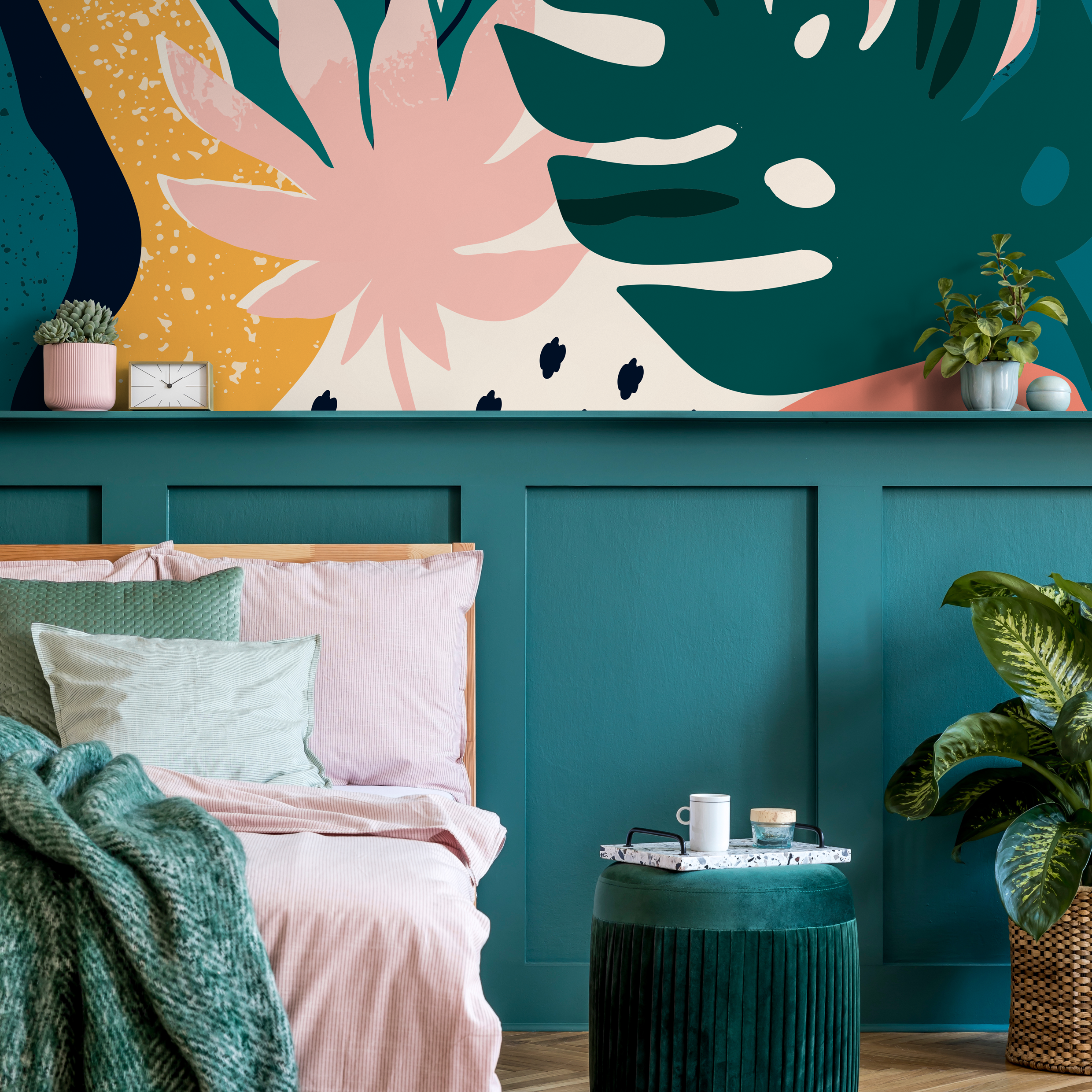 Abstract Wallpaper With Tropical Monstera Leaves In Teal, Pink, And Yellow - B500