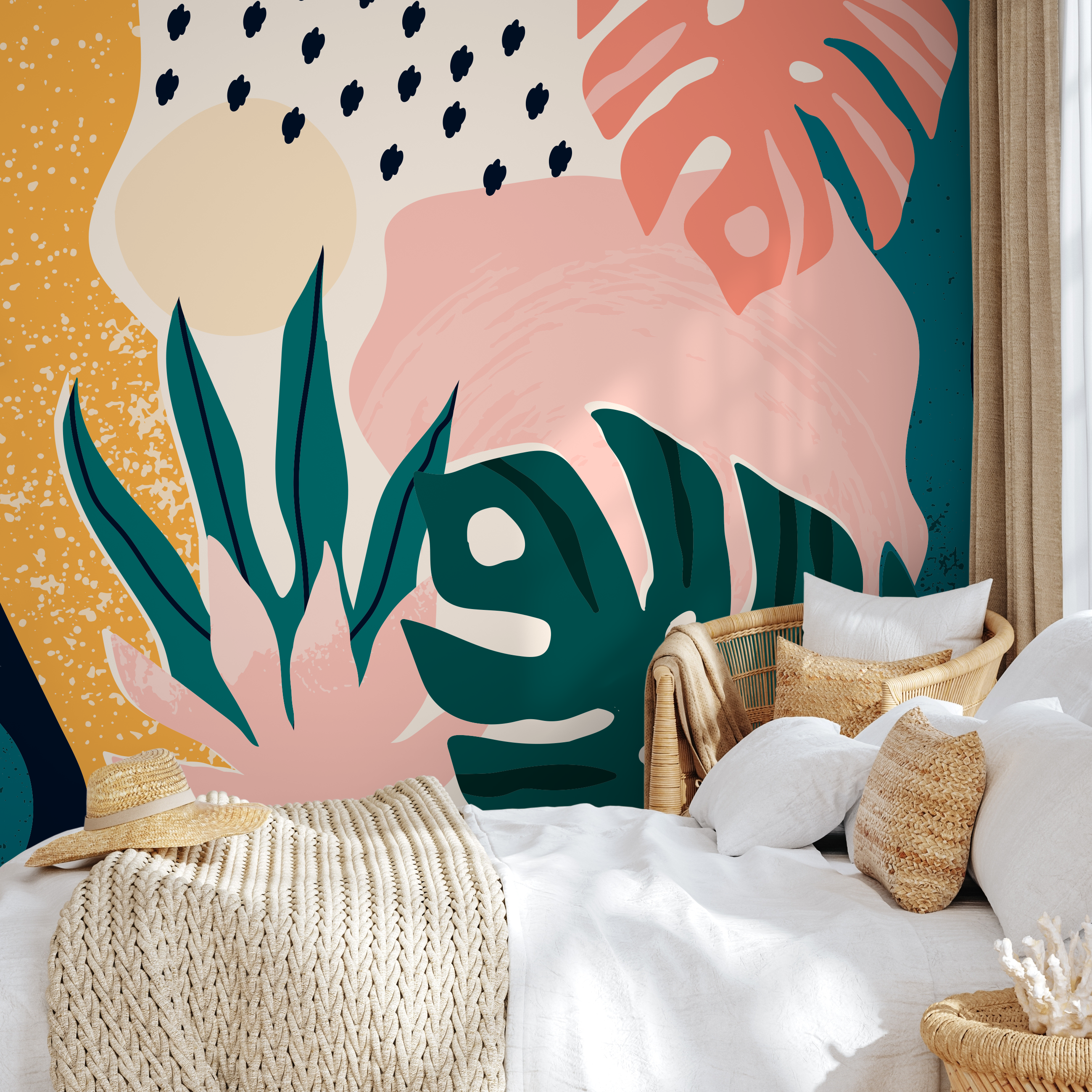 Abstract Wallpaper With Tropical Monstera Leaves In Teal, Pink, And Yellow - B500