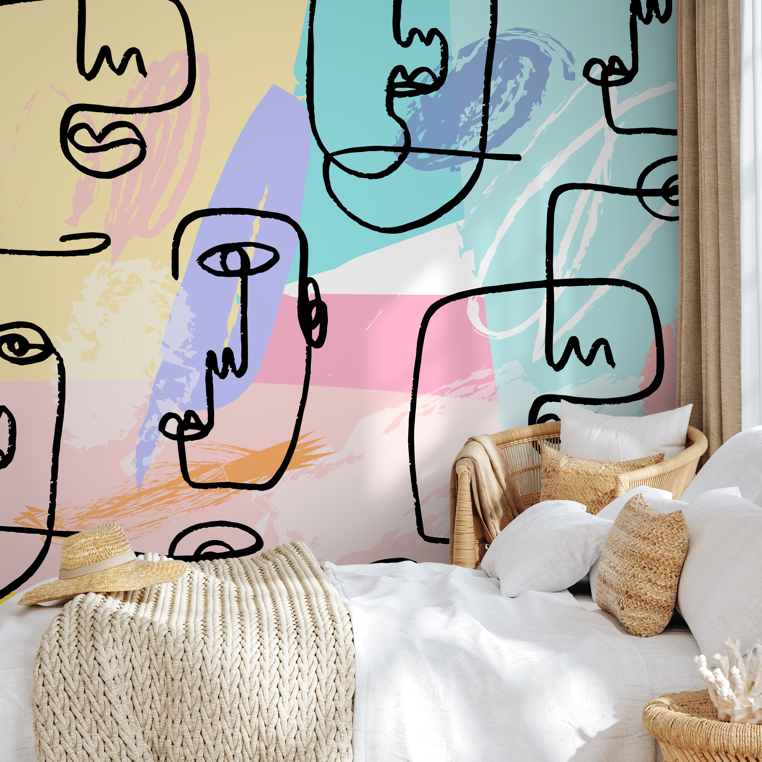 Abstract Wallpaper With Continuous Line Art Faces In Blue, Pink, And Purple - B501