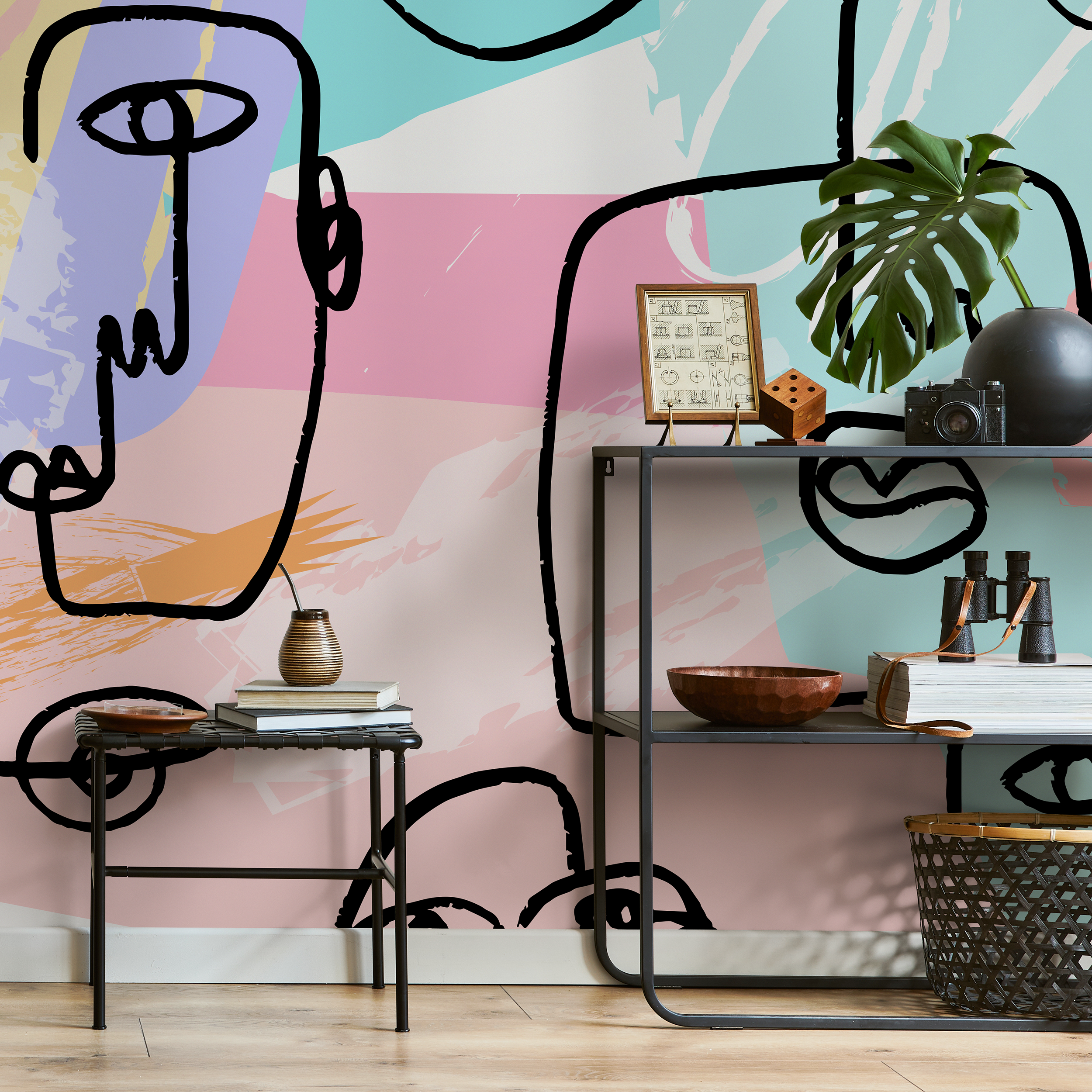 Abstract Wallpaper With Continuous Line Art Faces In Blue, Pink, And Purple - B501