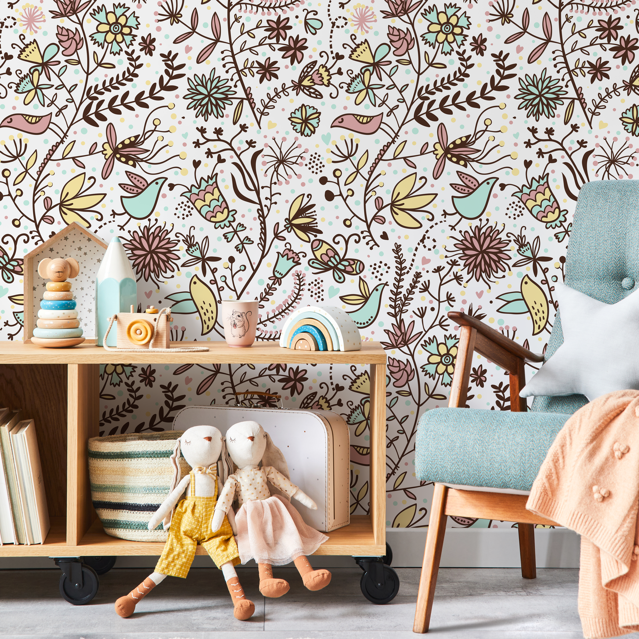Folk Art Wallpaper With Whimsical Birds And Flowers In Brown, Pink, And Blue - B505