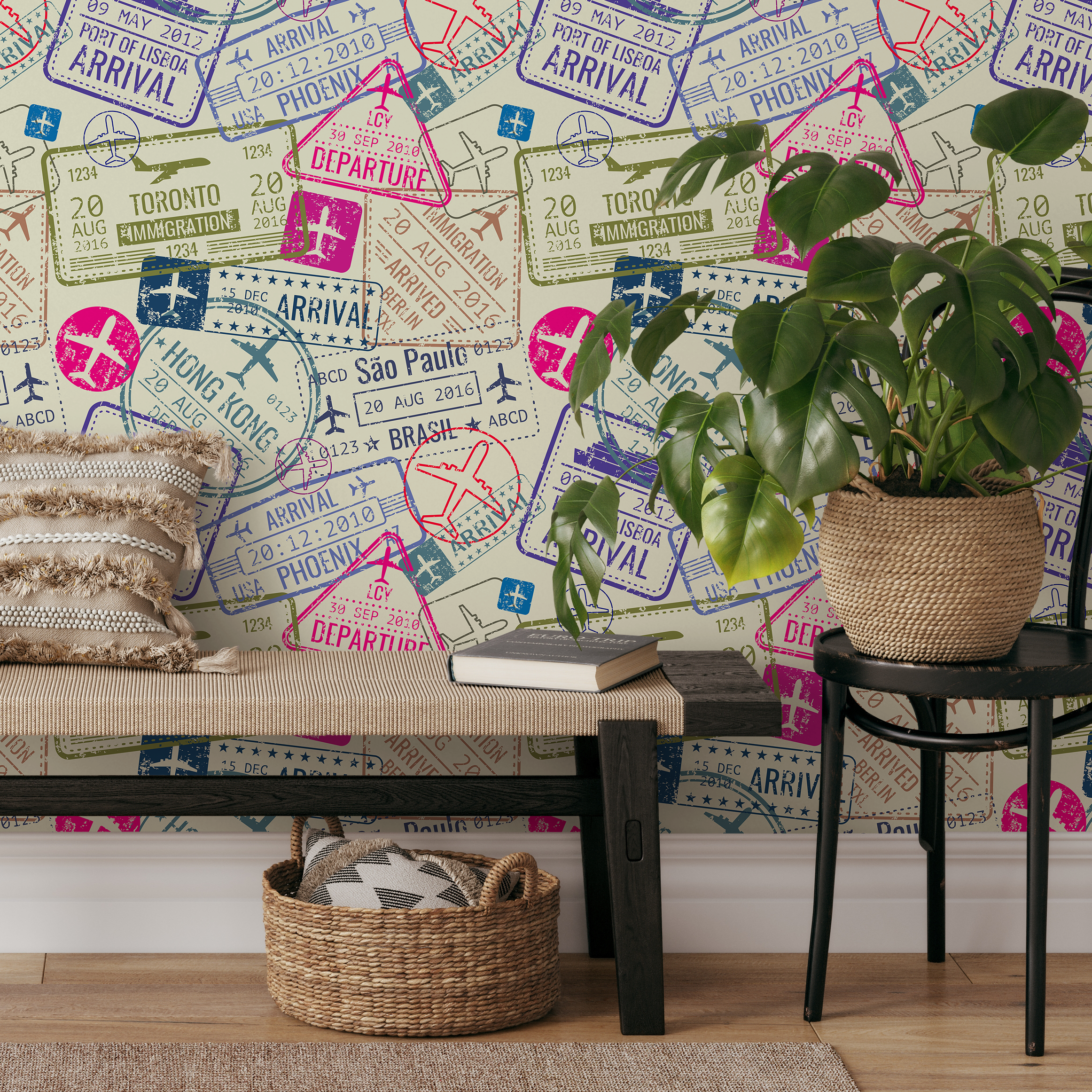 Travel Wallpaper With A Collage Of Passport Stamps In Magenta, Blue, And Green - B507