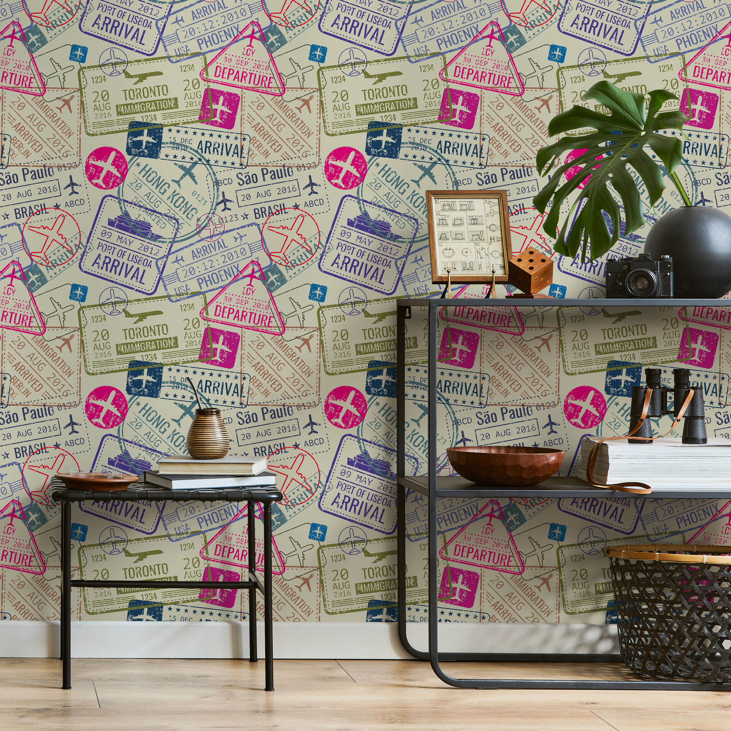 Travel Wallpaper With A Collage Of Passport Stamps In Magenta, Blue, And Green - B507