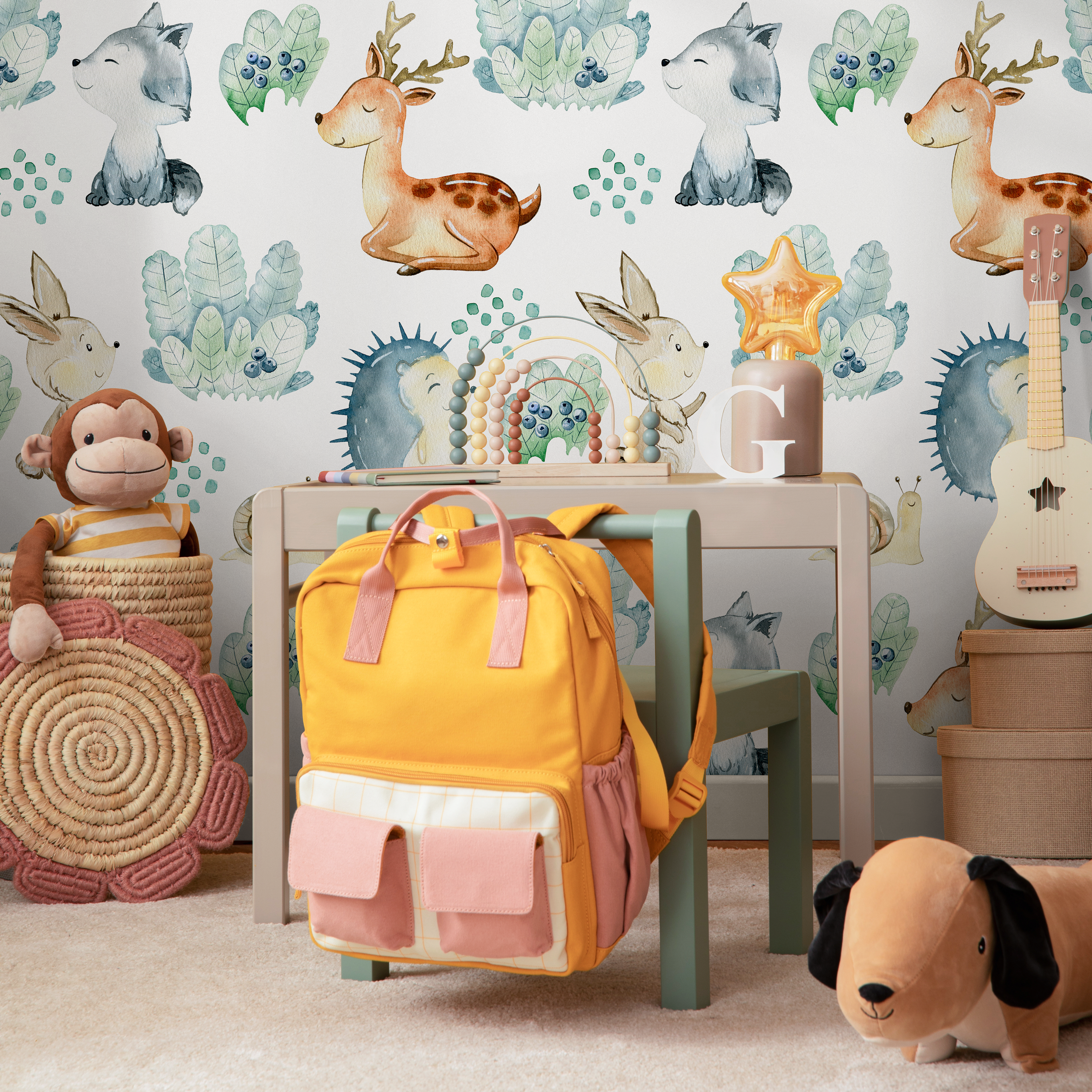 Woodland Wallpaper With Watercolor Forest Animals In Brown, Blue, And Green - B509
