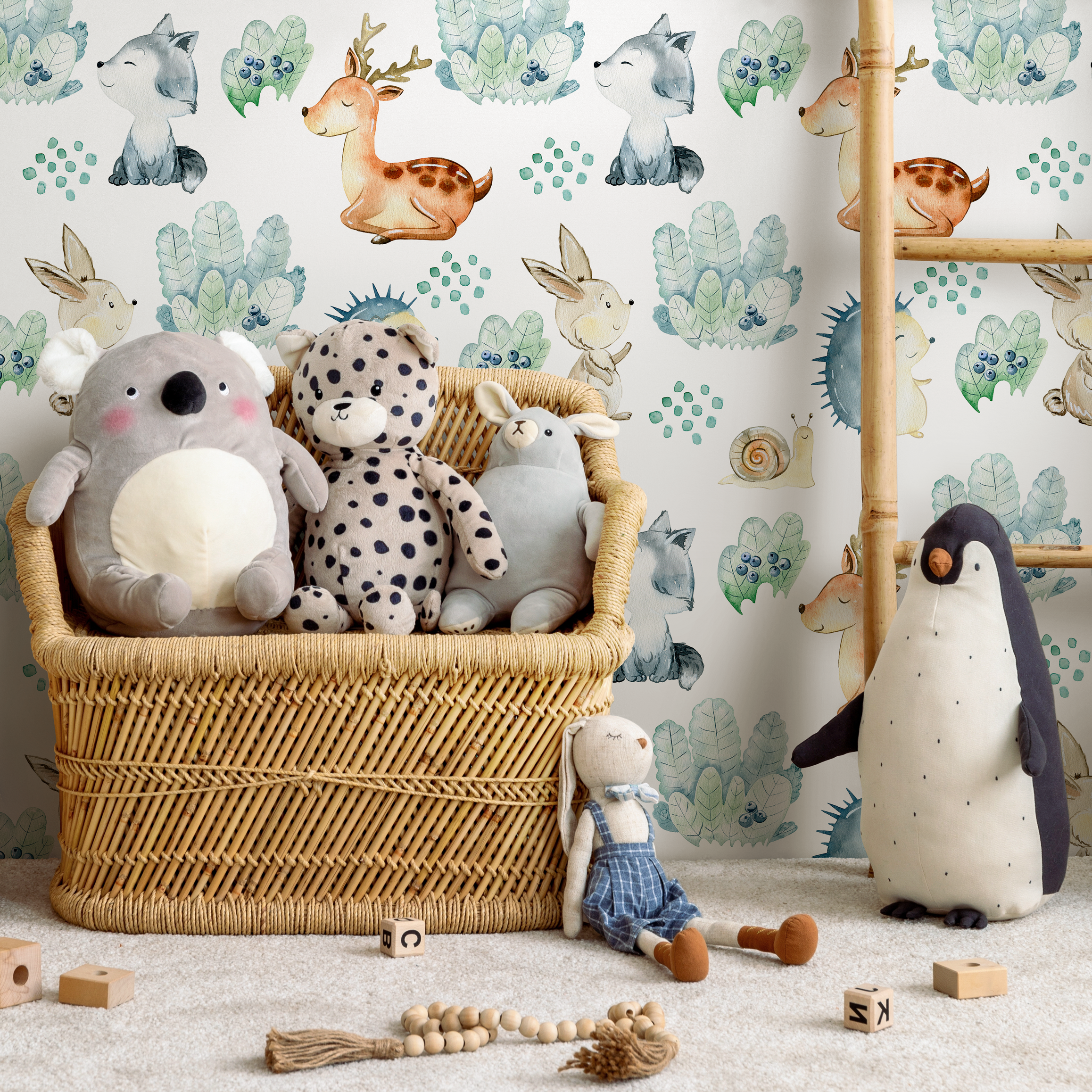 Woodland Wallpaper With Watercolor Forest Animals In Brown, Blue, And Green - B509