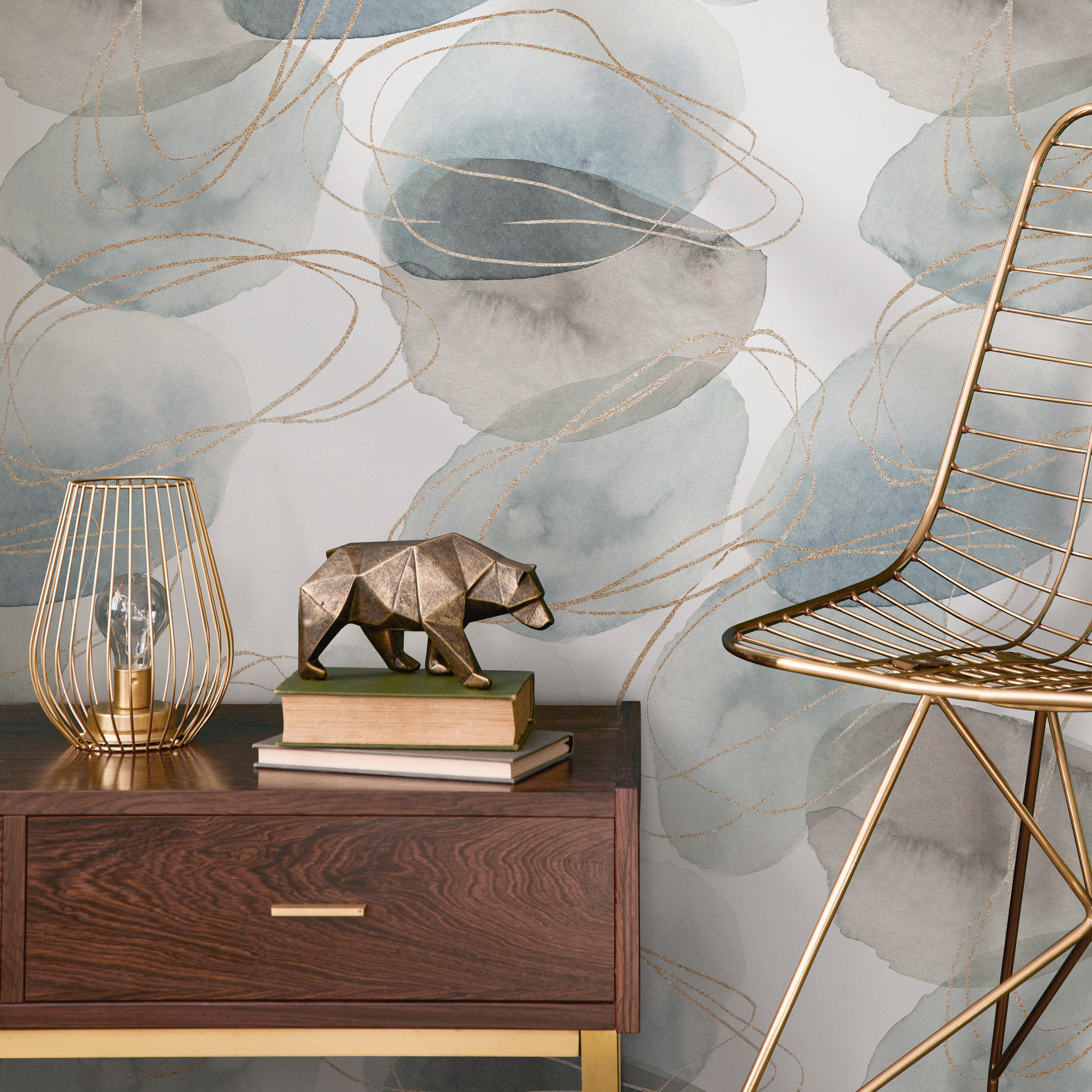 Abstract Wallpaper With Watercolor Orbs And Gold Lines In Blue And Gray - B510