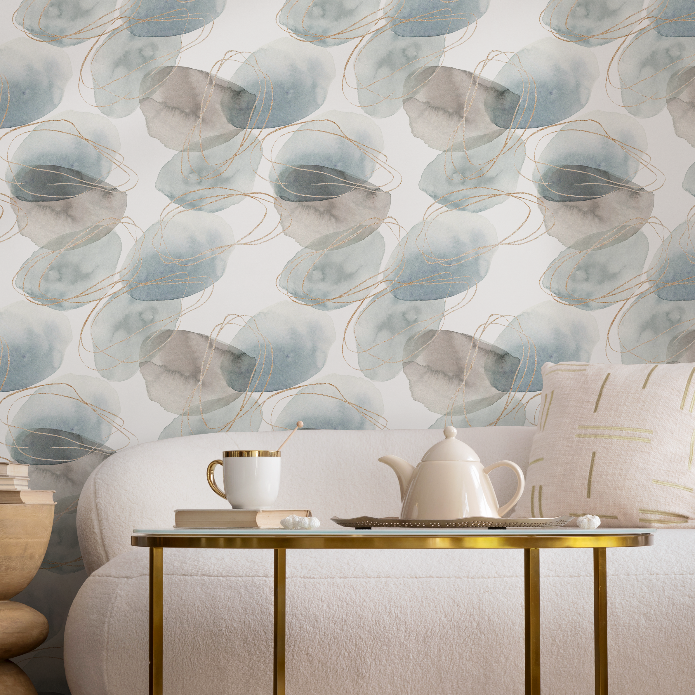 Abstract Wallpaper With Watercolor Orbs And Gold Lines In Blue And Gray - B510