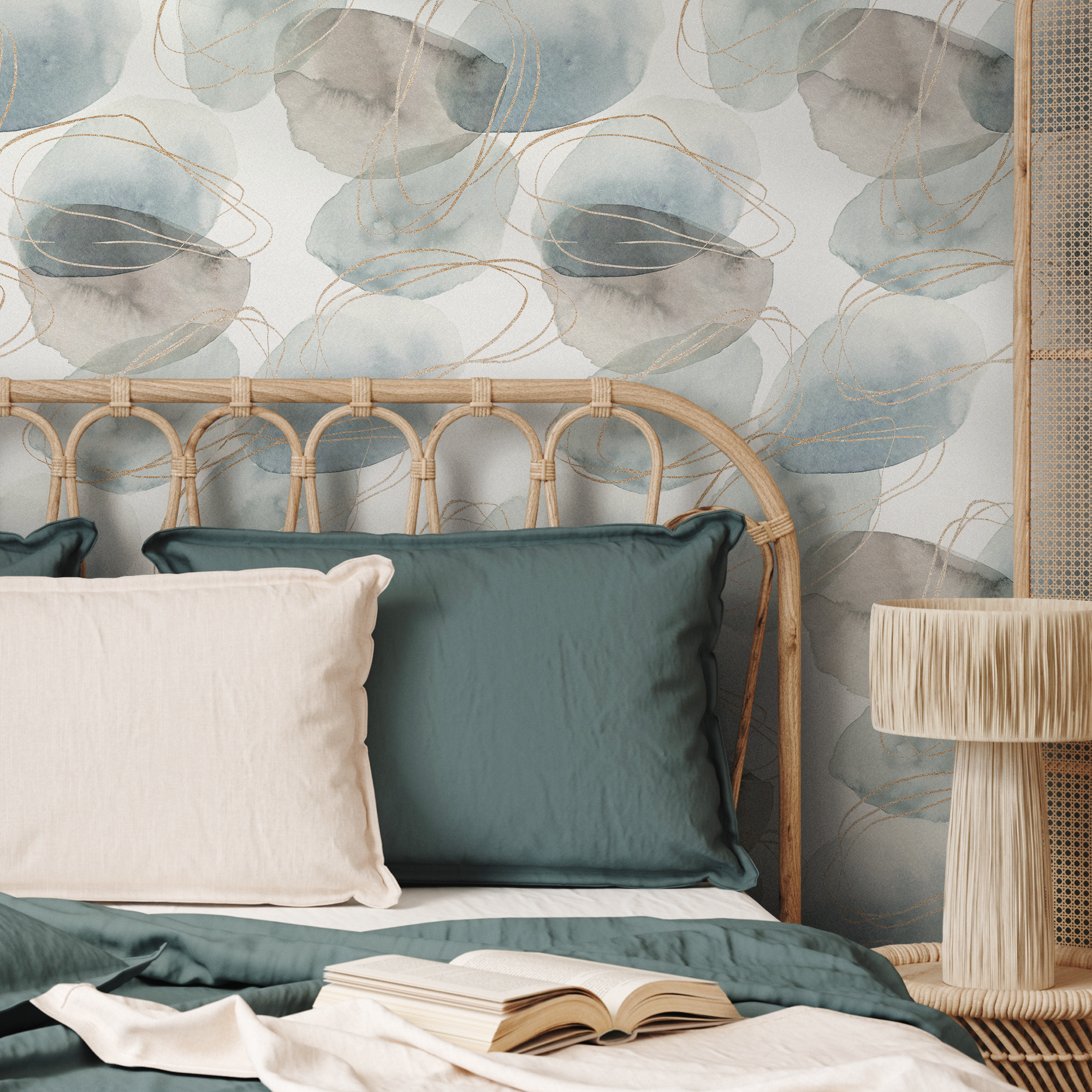 Abstract Wallpaper With Watercolor Orbs And Gold Lines In Blue And Gray - B510