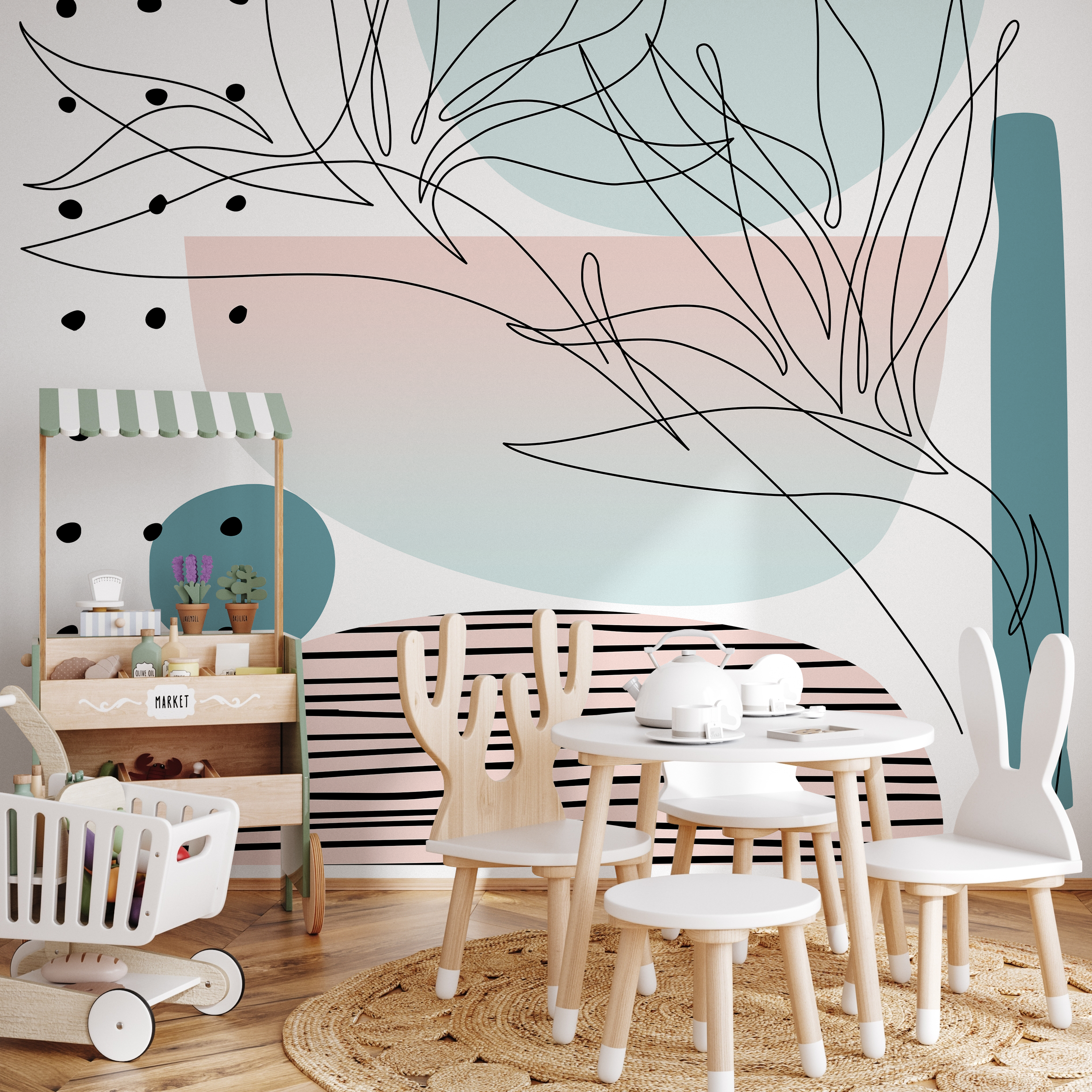 Abstract Wallpaper With Modern Line Art In Pink, Teal, And Black - B511