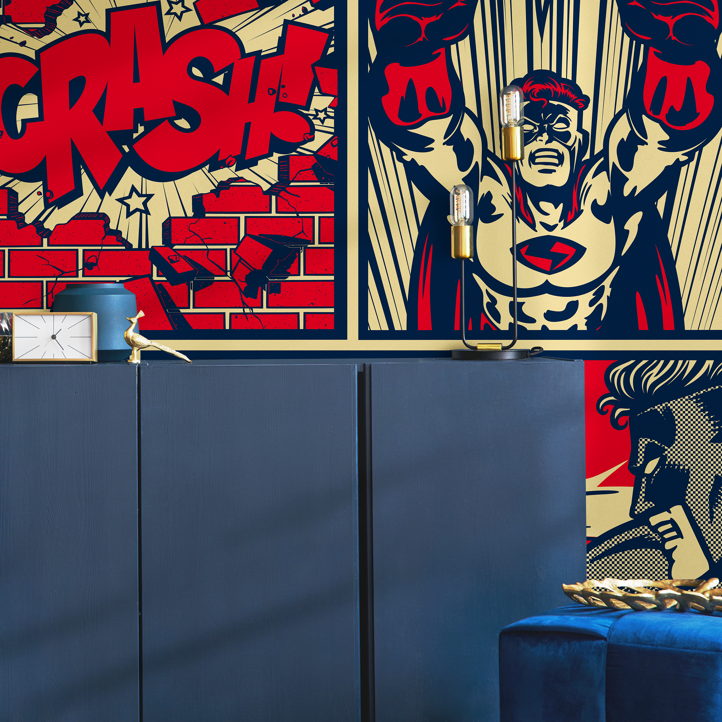 Pop Art Wallpaper With A Superhero Comic Mural In Red, Blue, And Beige - B513