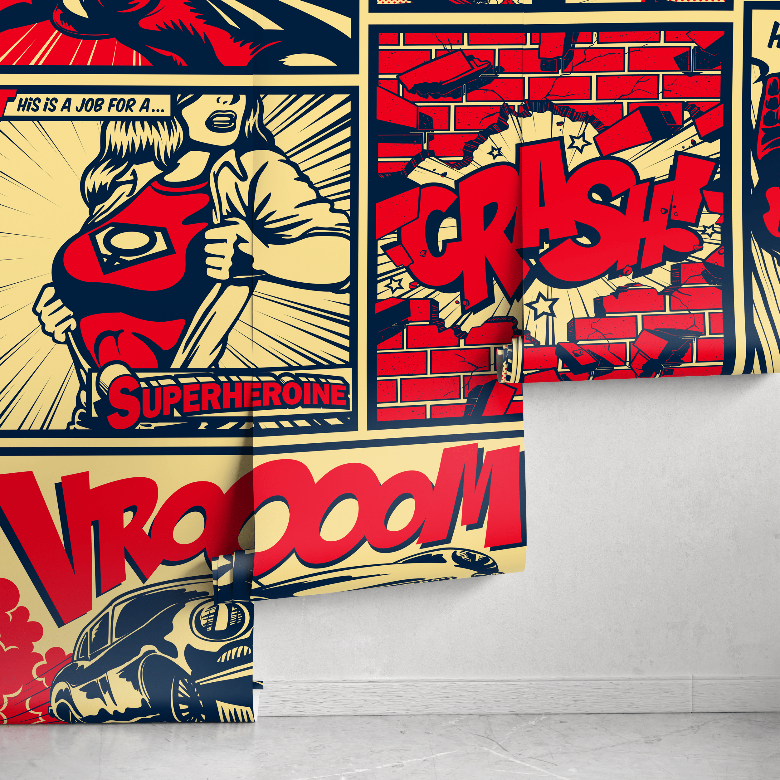 Pop Art Wallpaper With A Superhero Comic Mural In Red, Blue, And Beige - B513