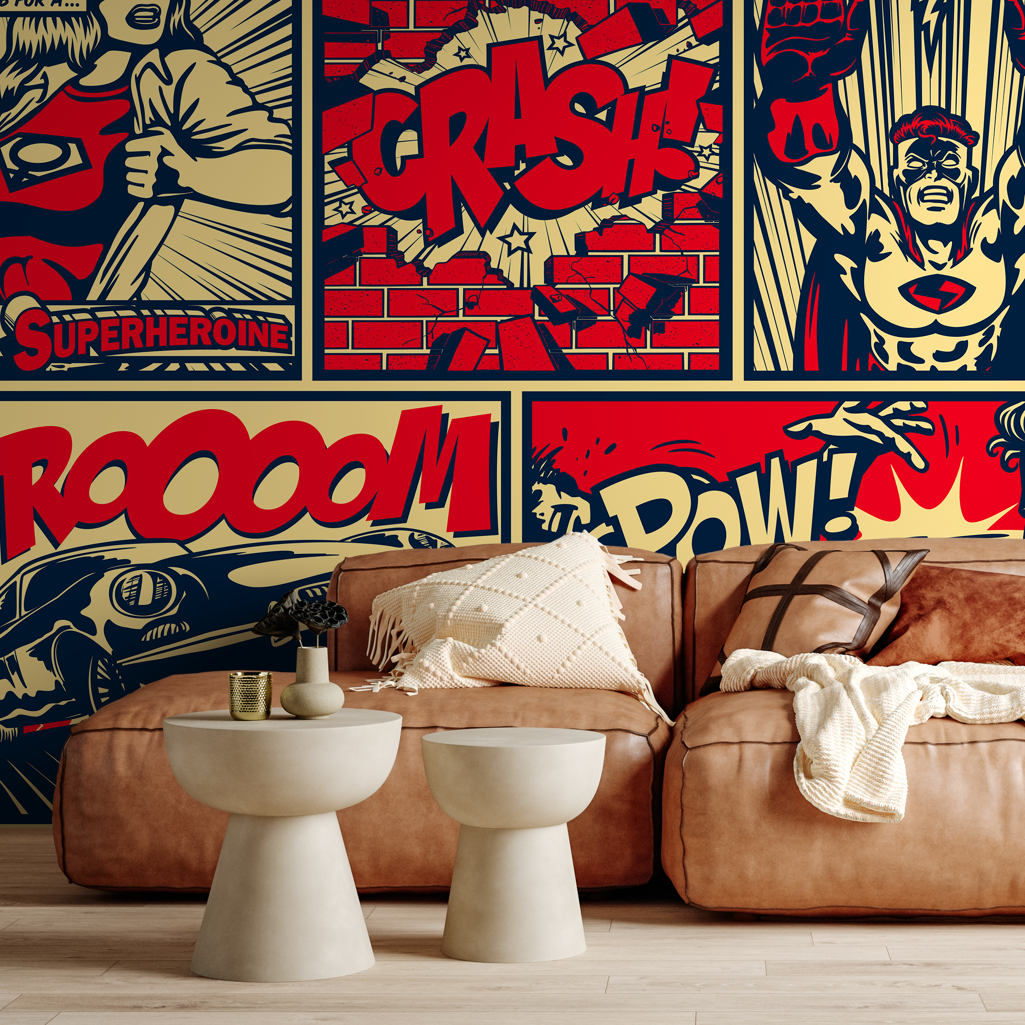Pop Art Wallpaper With A Superhero Comic Mural In Red, Blue, And Beige - B513